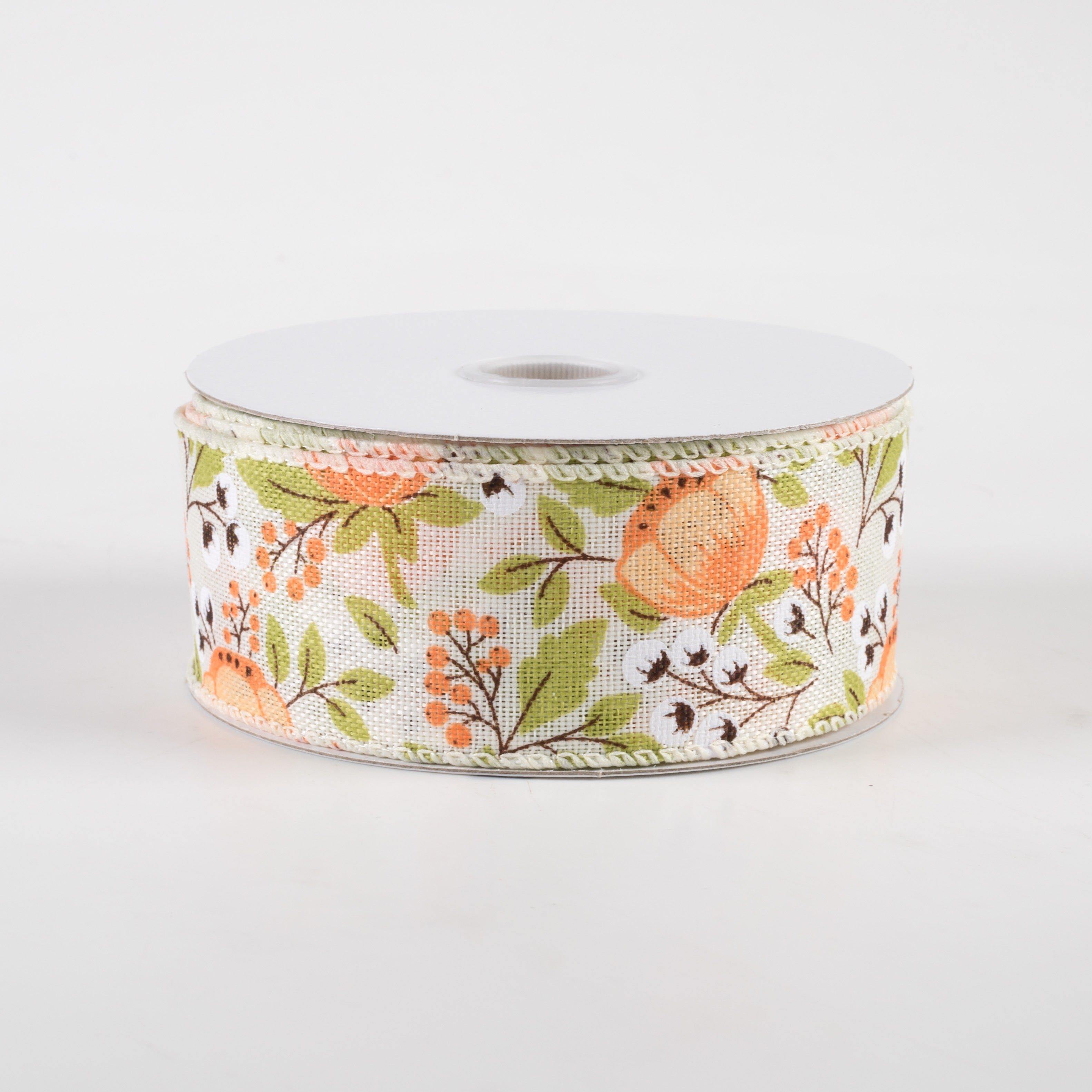 1.5" Linen Coral Peonies & Cotton Ribbon: Ivory (10 Yards)