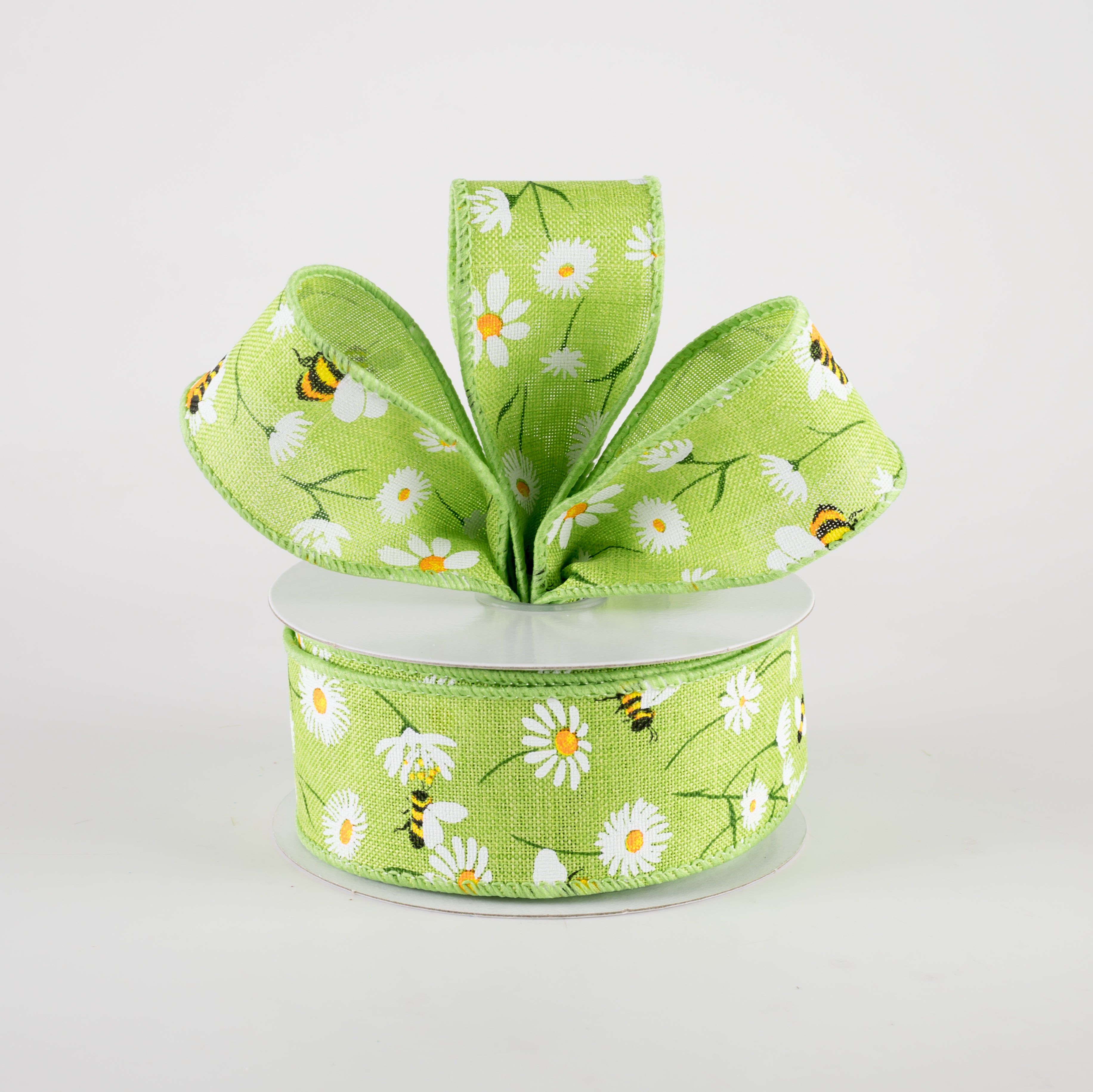 1.5" Linen Daisies & Bumblebees Ribbon: Lime Green (10 Yards) Lifestyle Photo