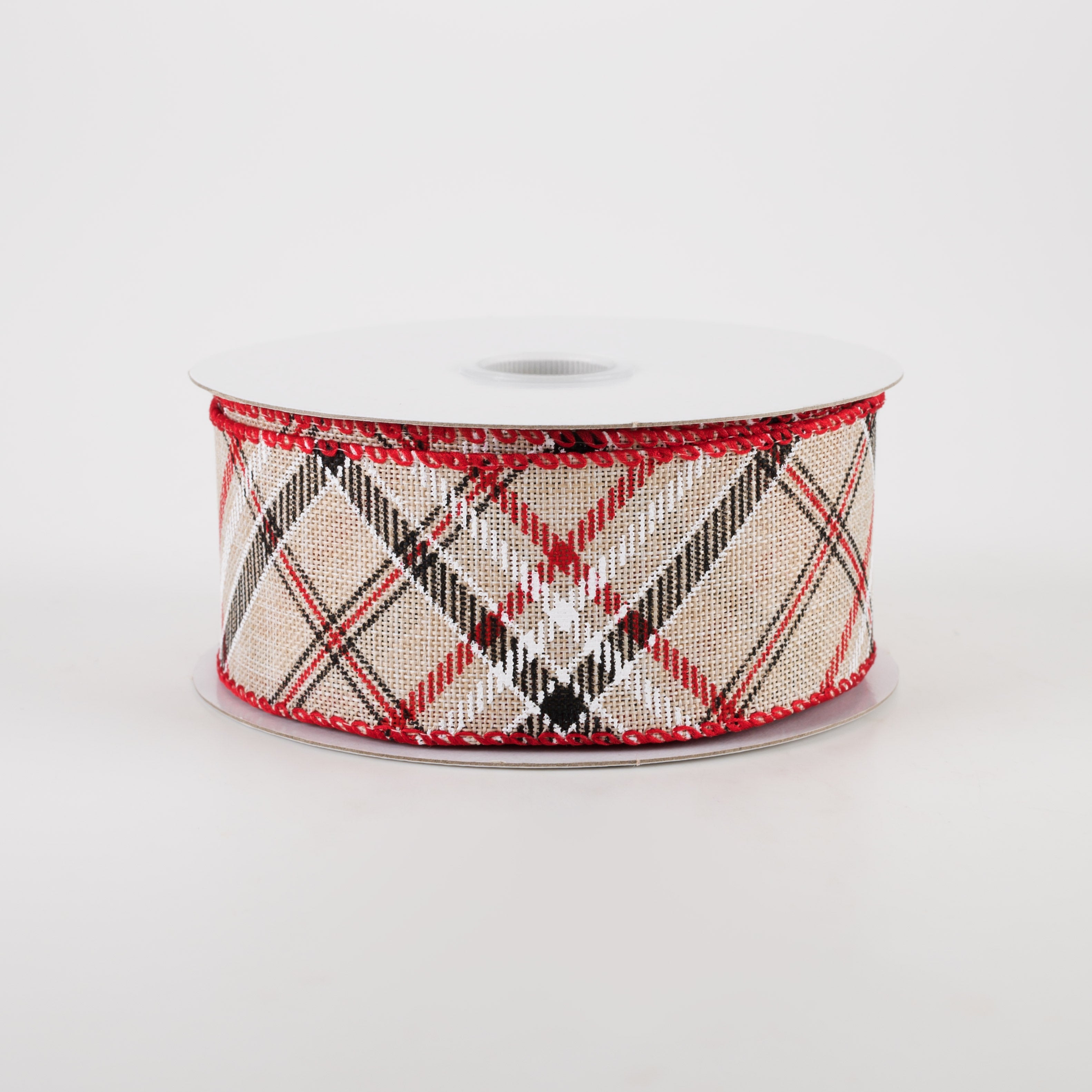 1.5" Linen Diagonal Plaid Ribbon: Beige & Red (10 Yards)