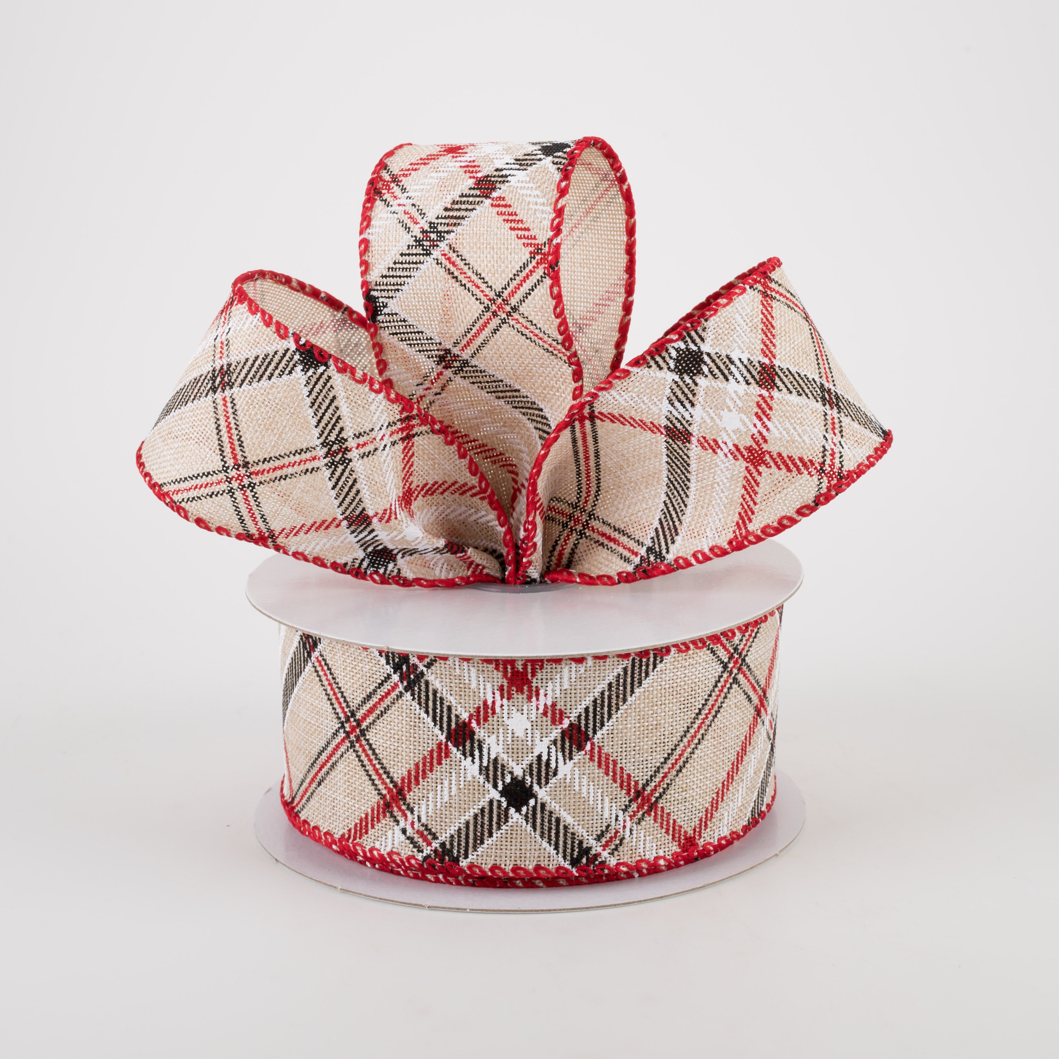 1.5" Linen Diagonal Plaid Ribbon: Beige & Red (10 Yards) Lifestyle Photo