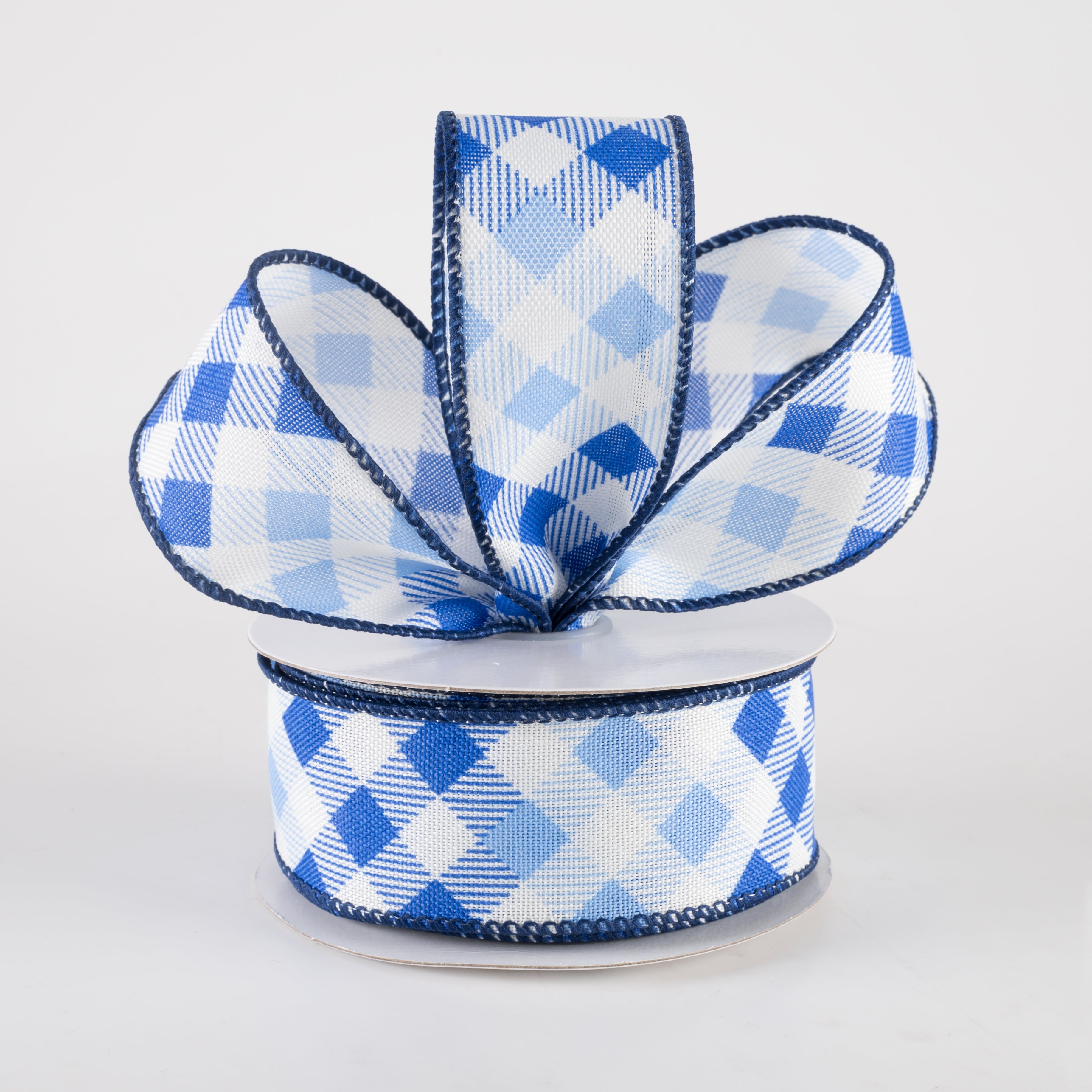 1.5" Linen Diamond Ombré Check Ribbon: White, Royal, Blue (10 Yards) Lifestyle Photo