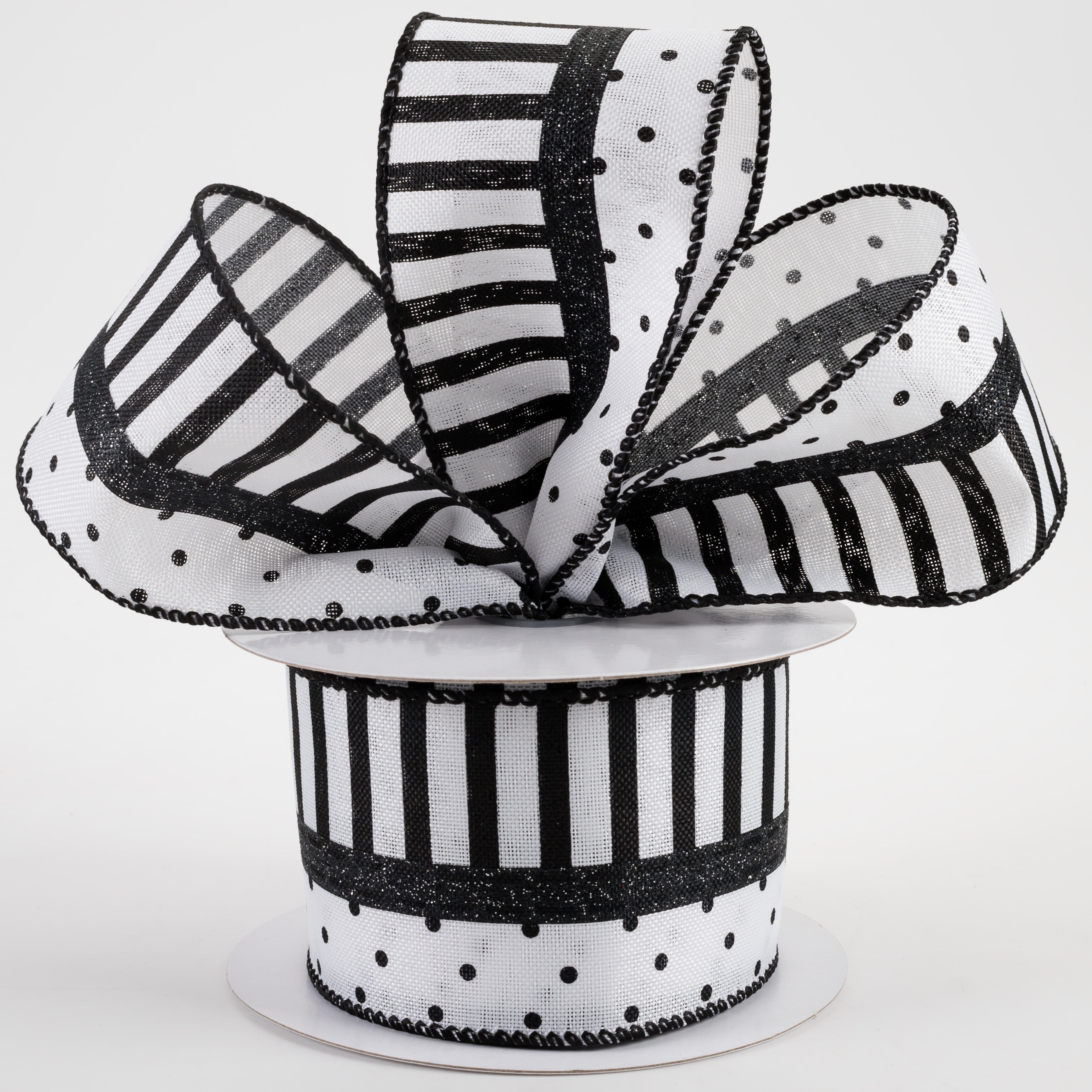 2.5" Linen Dots & Stripes Ribbon: White & Black (10 Yards) Lifestyle Photo