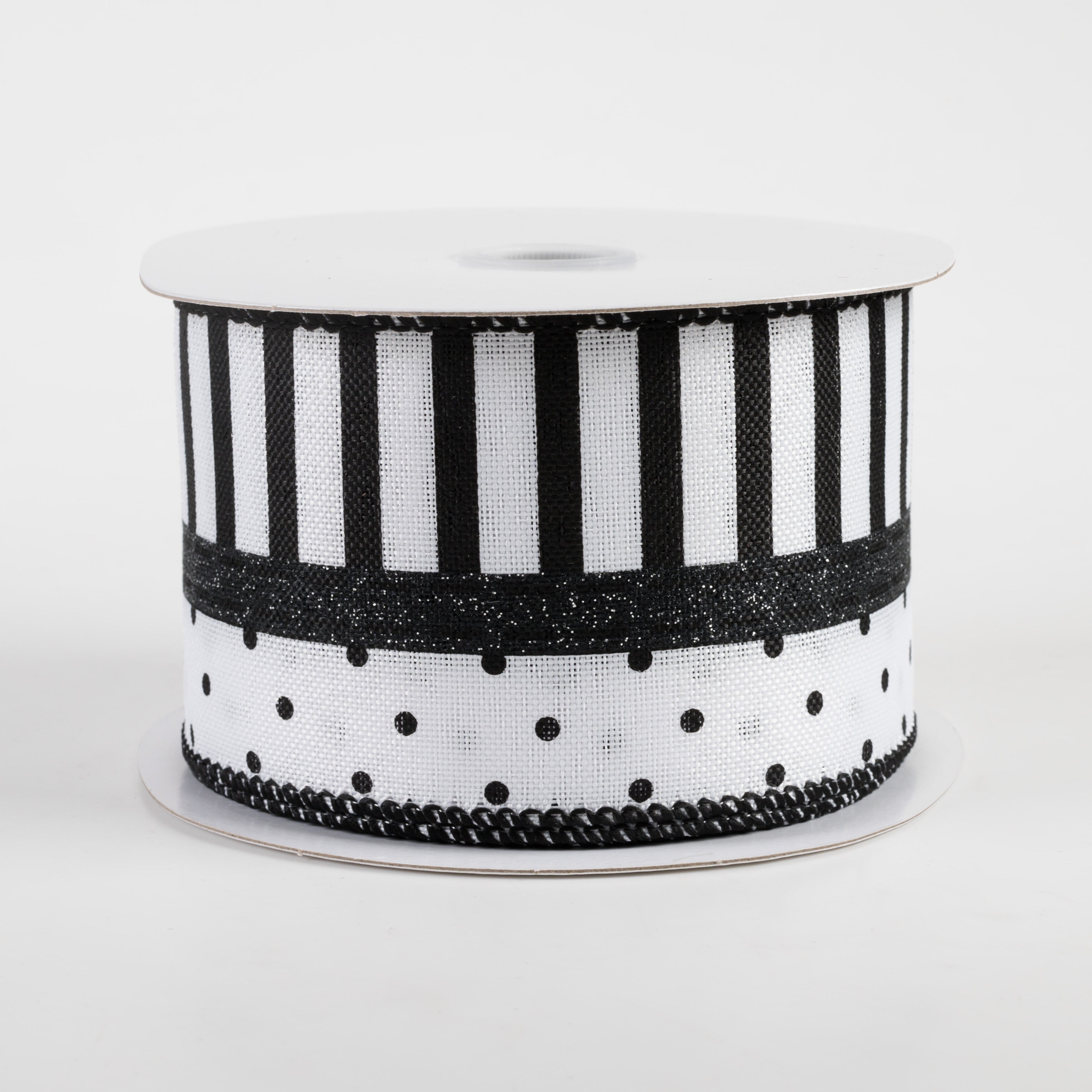 2.5" Linen Dots & Stripes Ribbon: White & Black (10 Yards) Item Number: 51301-40-01