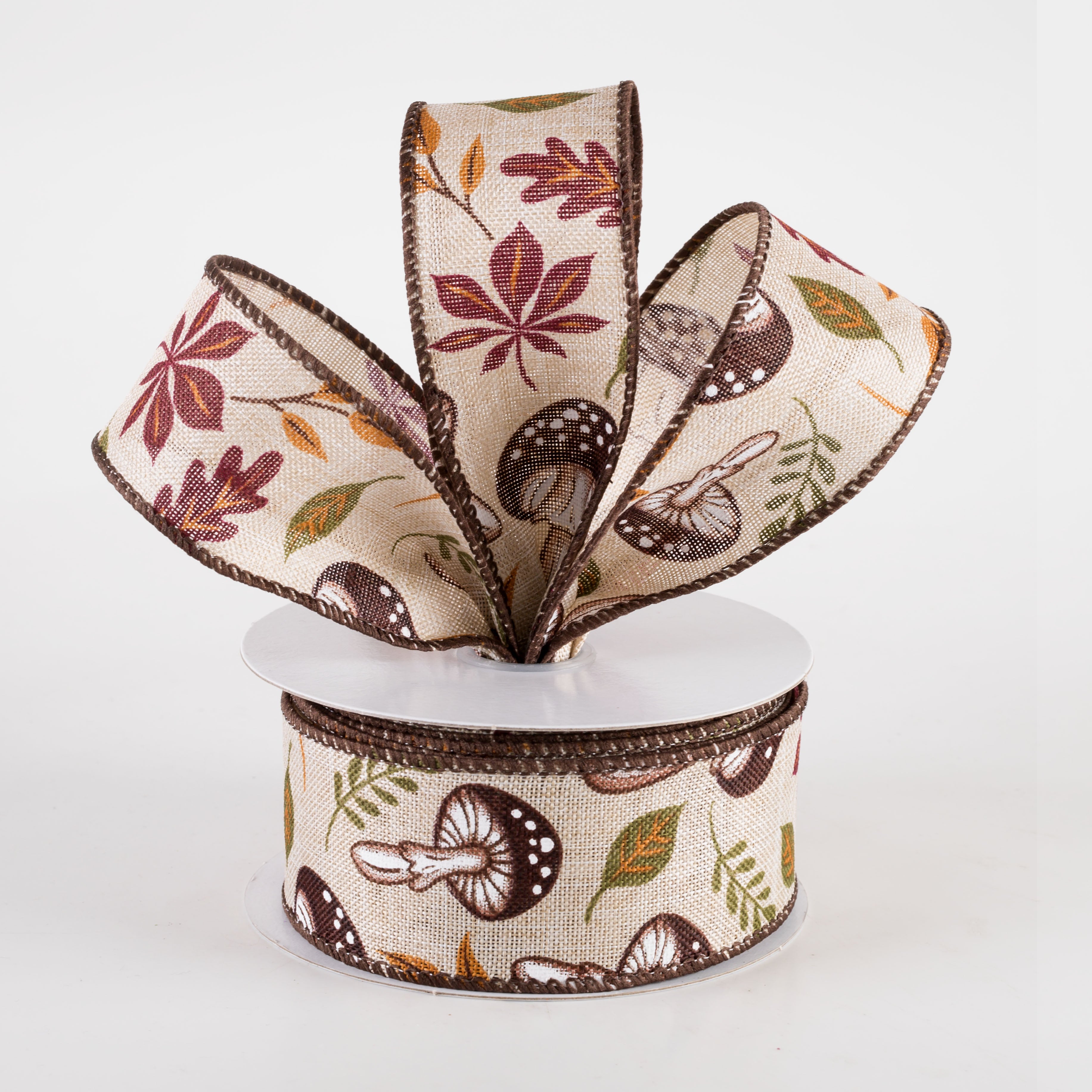 1.5" Linen Earthy Fall Mushrooms Ribbon: Natural (10 Yards) Lifestyle Photo