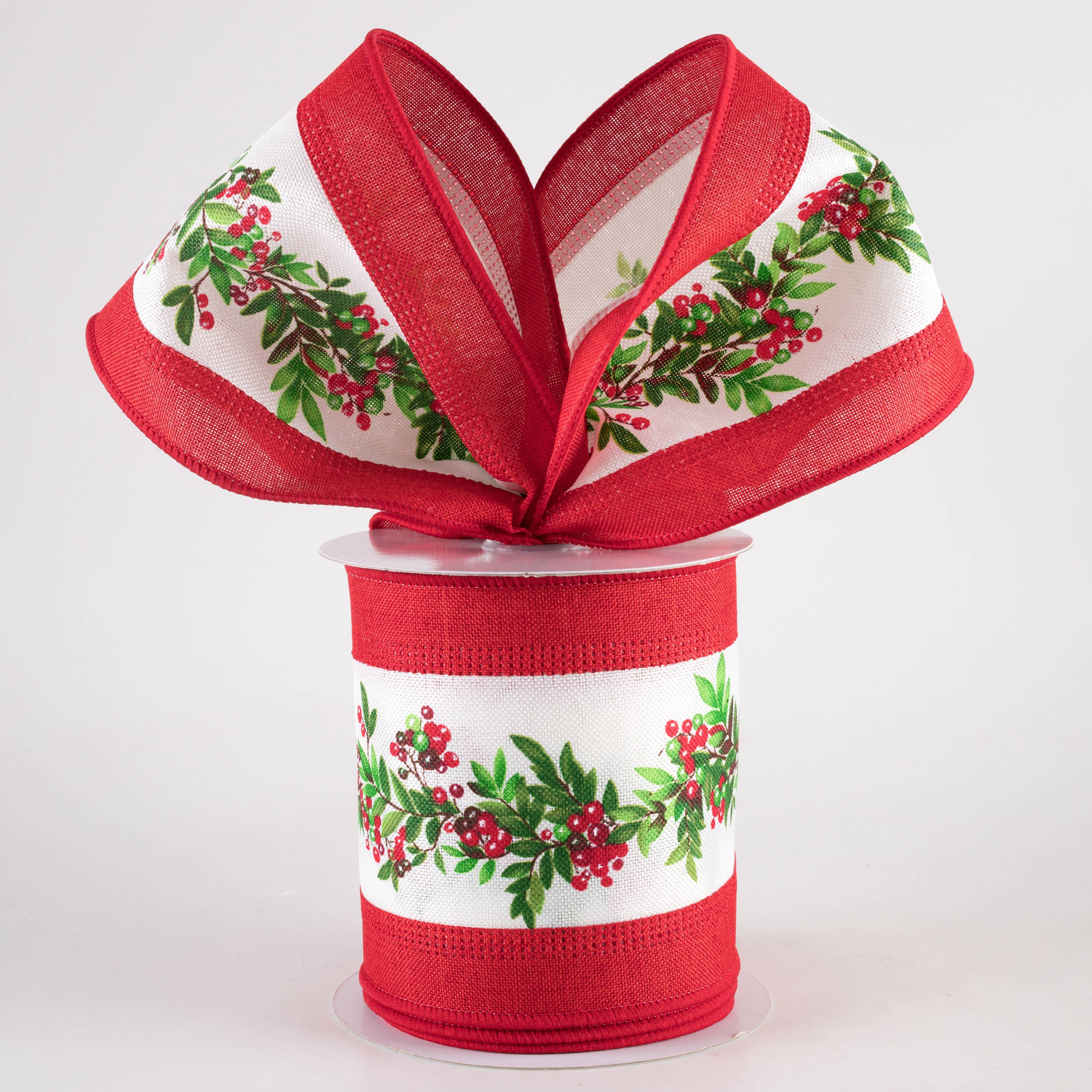 4" Linen Edge Christmas Berry Garland Ribbon: Red (10 Yards) Lifestyle Photo