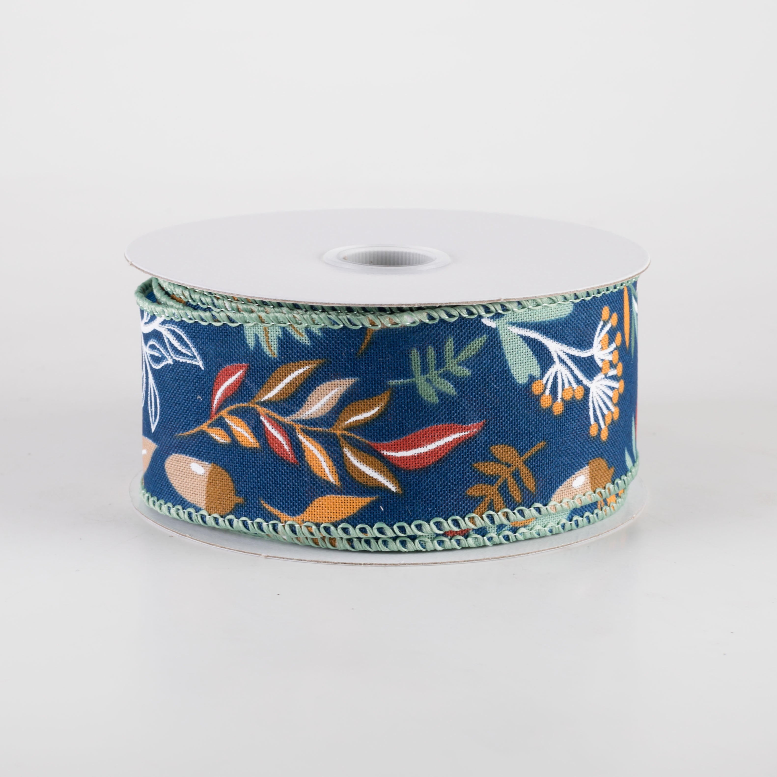 1.5" Linen Fall Foliage Ribbon: Orange & Teal on Navy (10 Yards) Item Number: 61408-09-27