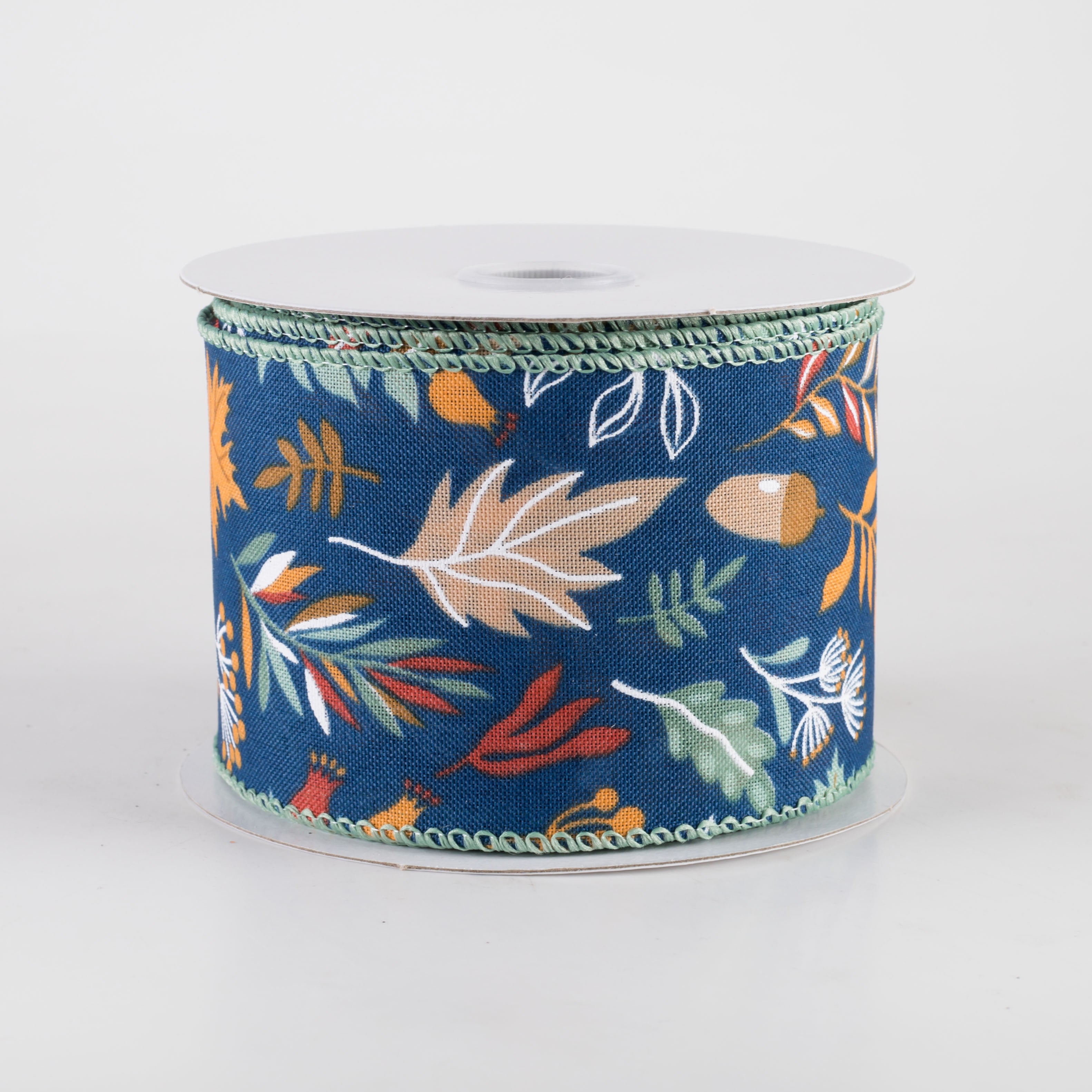 2.5" Linen Fall Foliage Ribbon: Orange & Teal on Navy (10 Yards) Item Number: 61408-40-27