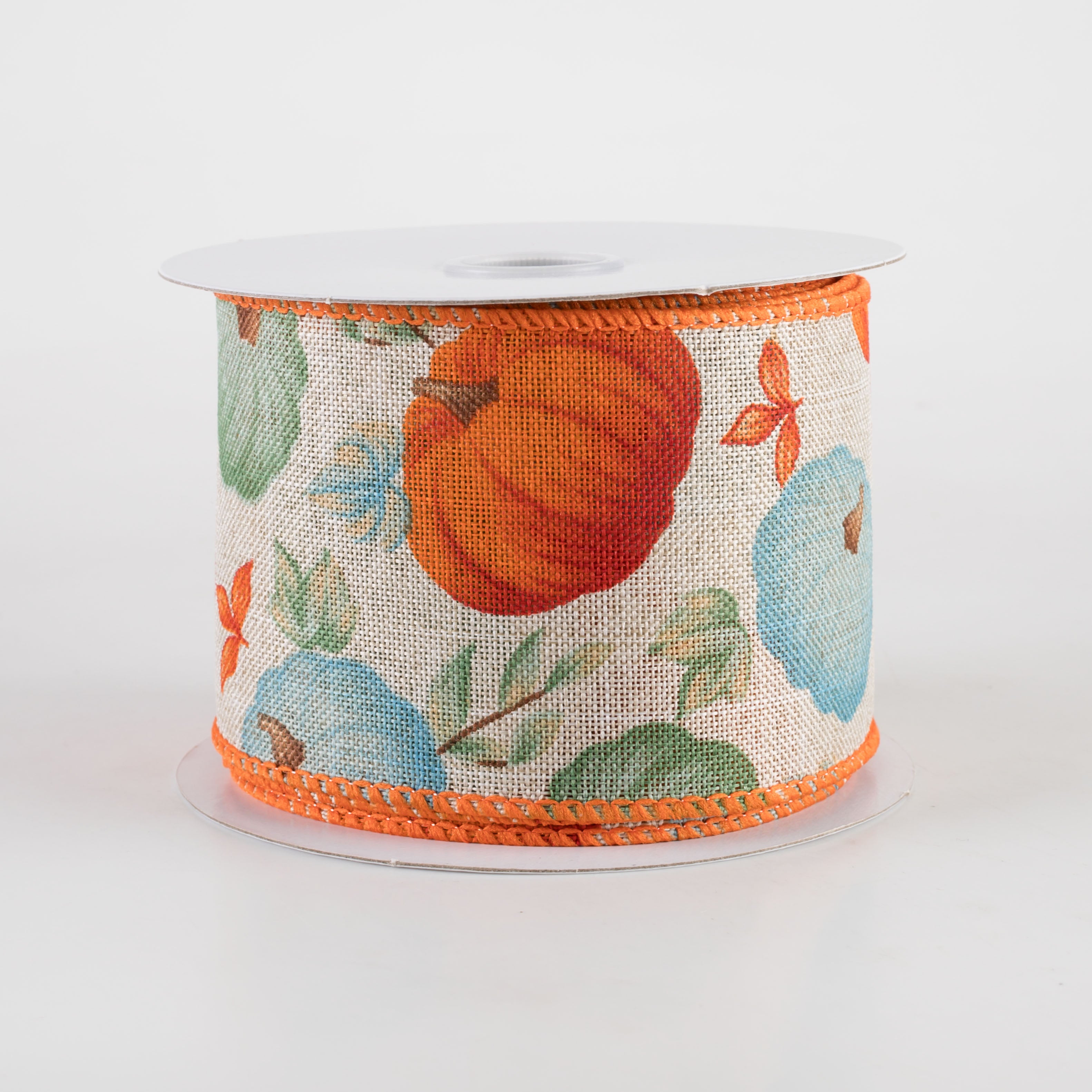 2.5" Linen Fall Pumpkins Ribbon: Orange & Teal on Natural (10 Yards) Item Number: 61414-40-15