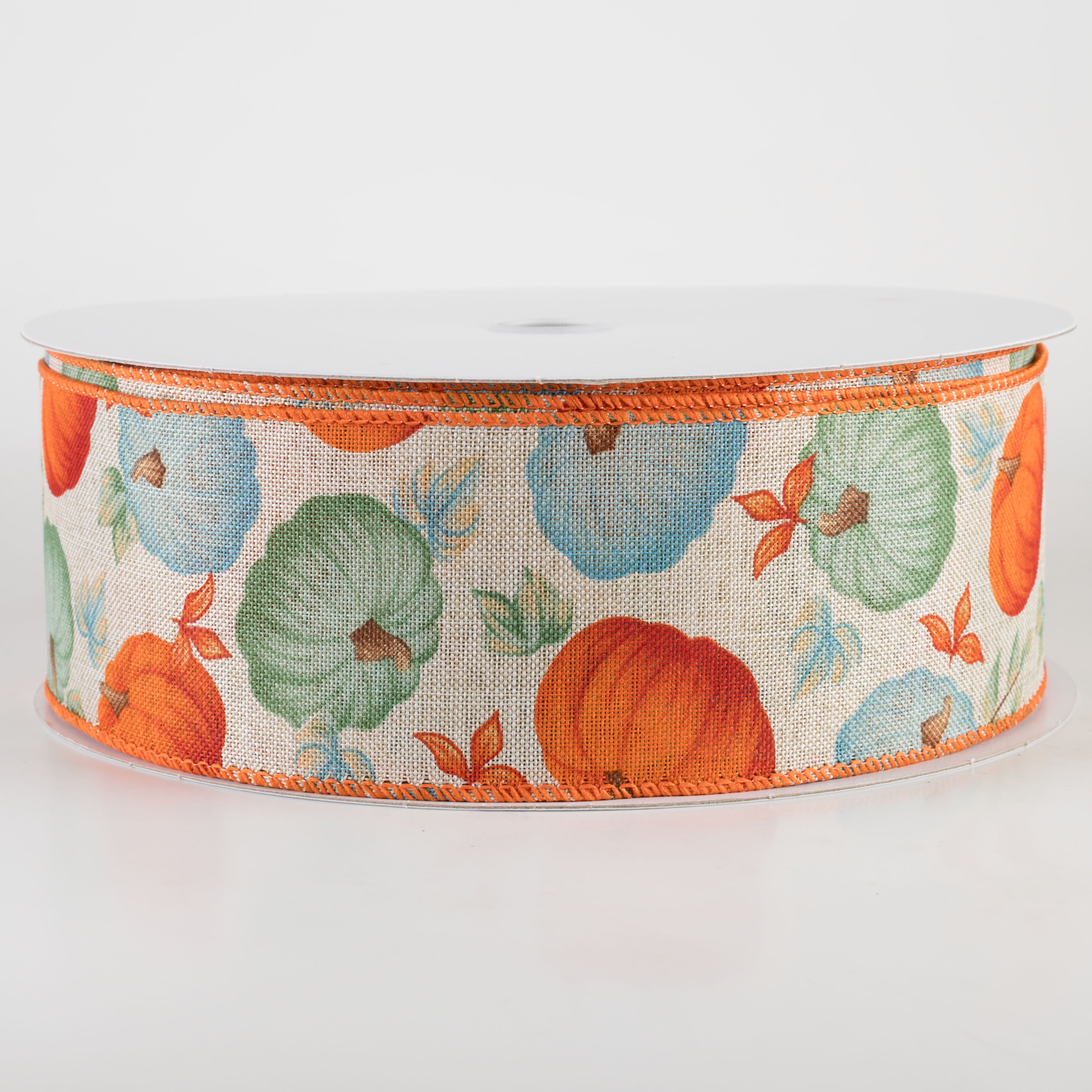 2.5" Linen Fall Pumpkins Ribbon: Orange & Teal on Natural (50 Yards) Item Number: 861-40-402