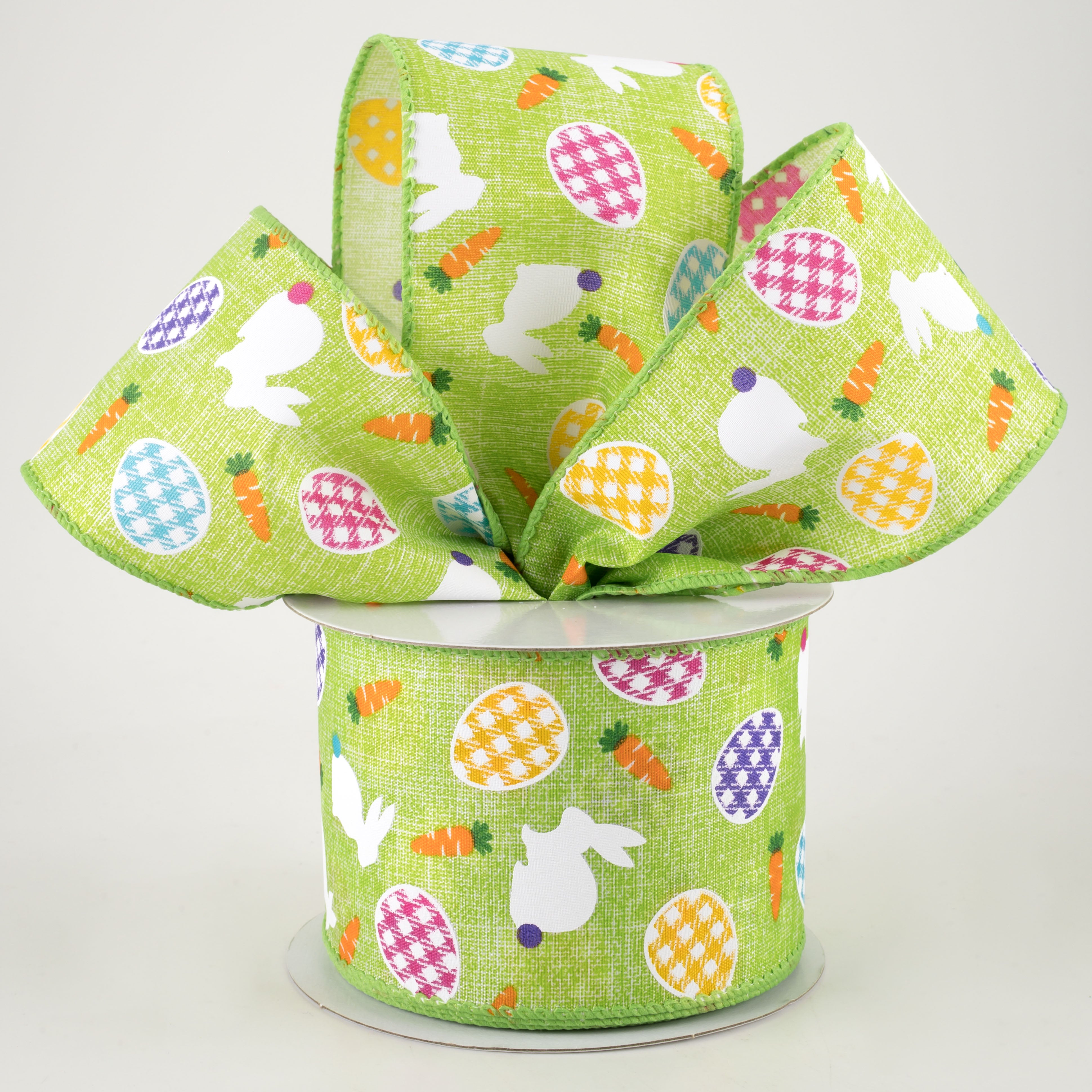 2.5" Linen Gingham Eggs and Bunnies Ribbon: Lime (10 Yards) Lifestyle Photo