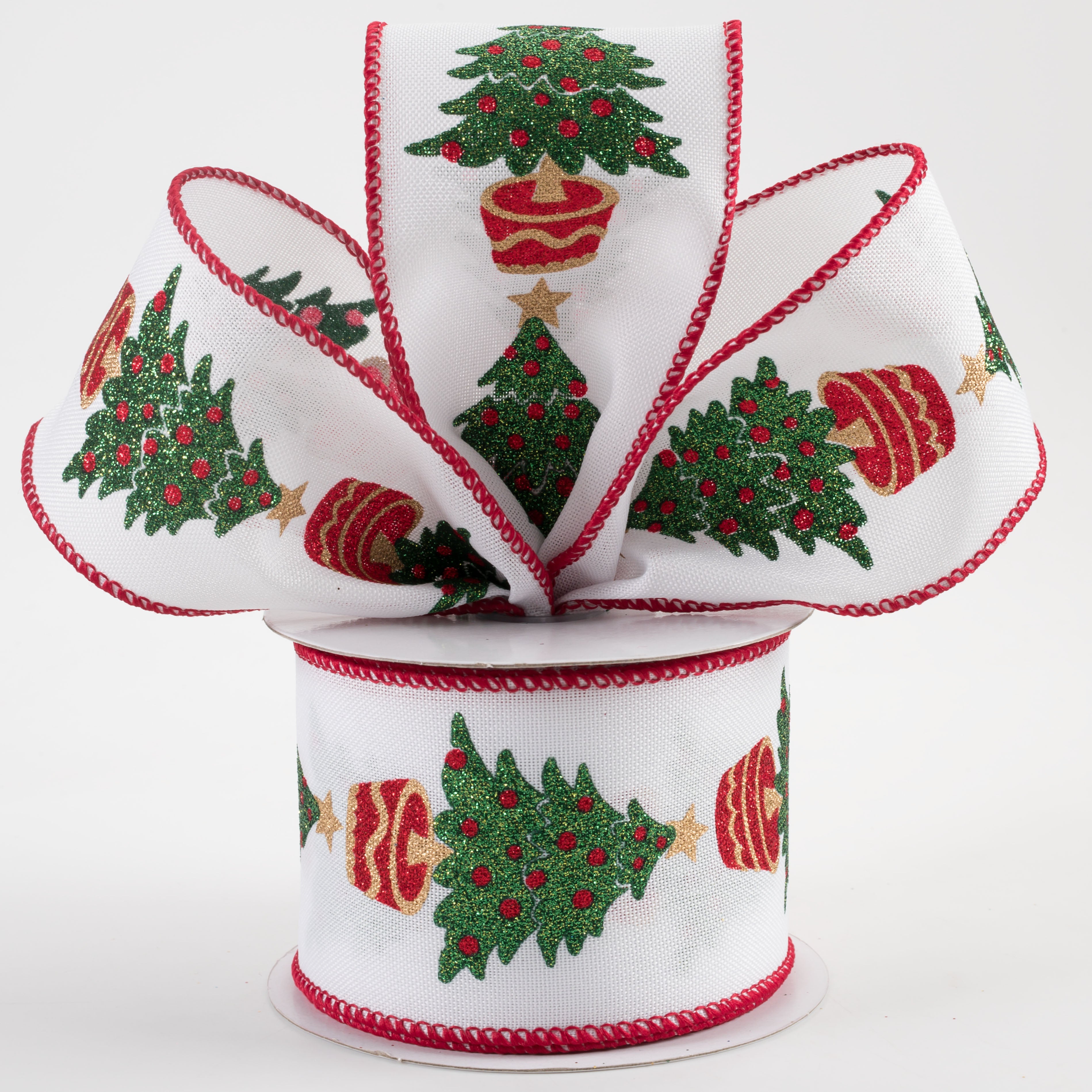 2.5" Linen Glitter Christmas Trees Ribbon: White (10 Yards) Lifestyle Photo