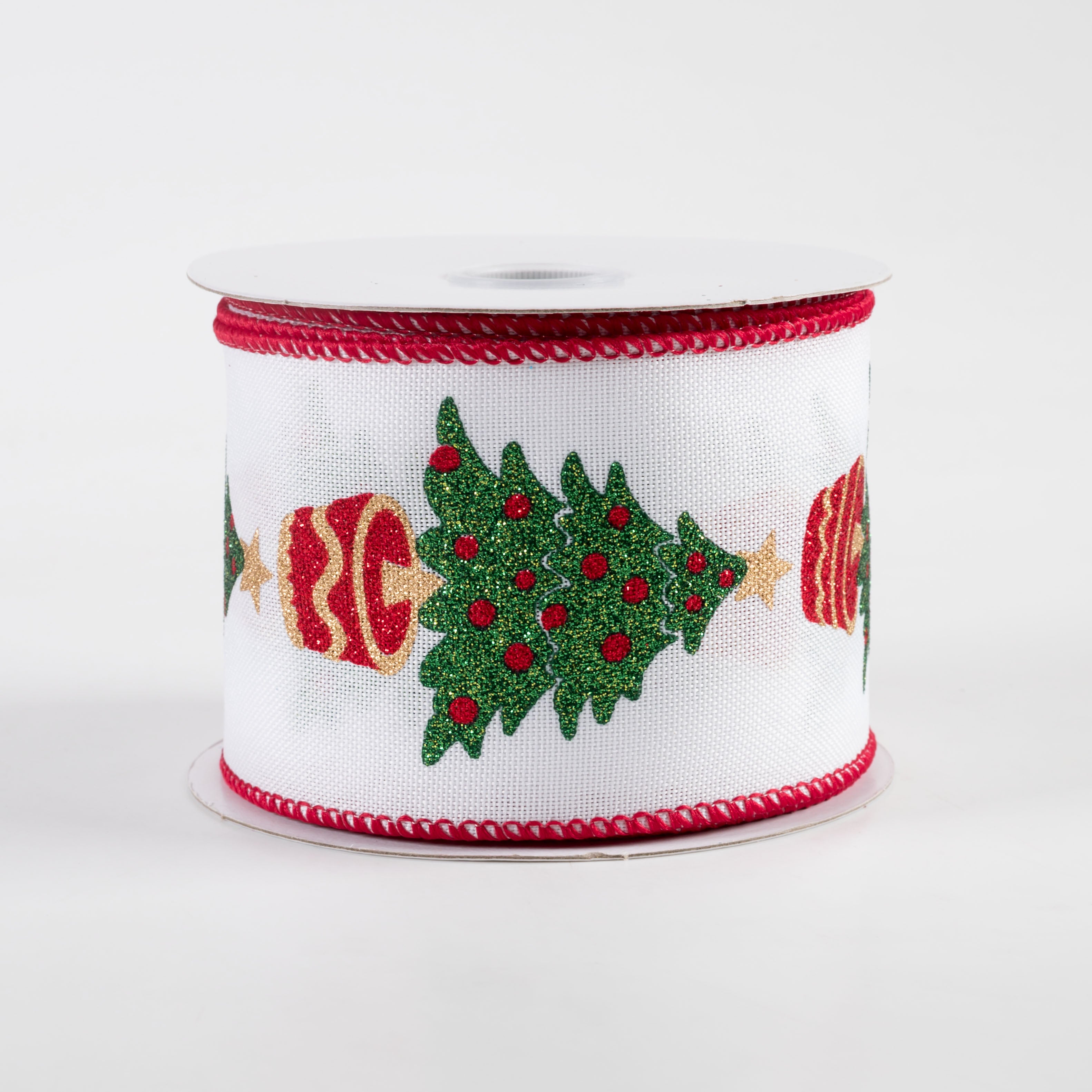 2.5" Linen Glitter Christmas Trees Ribbon: White (10 Yards)