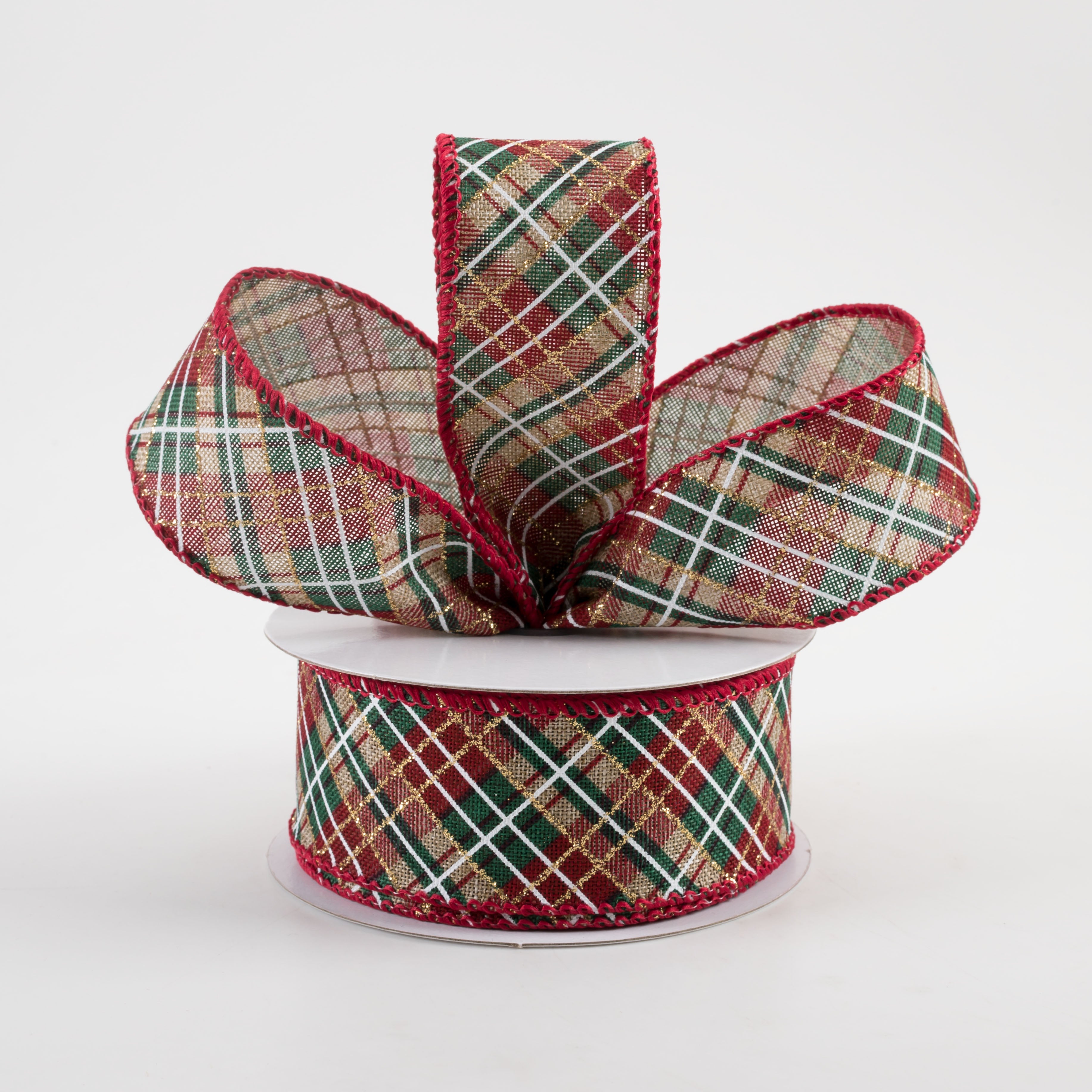 1.5" Linen Glitter Diagonal Plaid Ribbon: Natural, Red, Gold (10 Yards) Lifestyle Photo