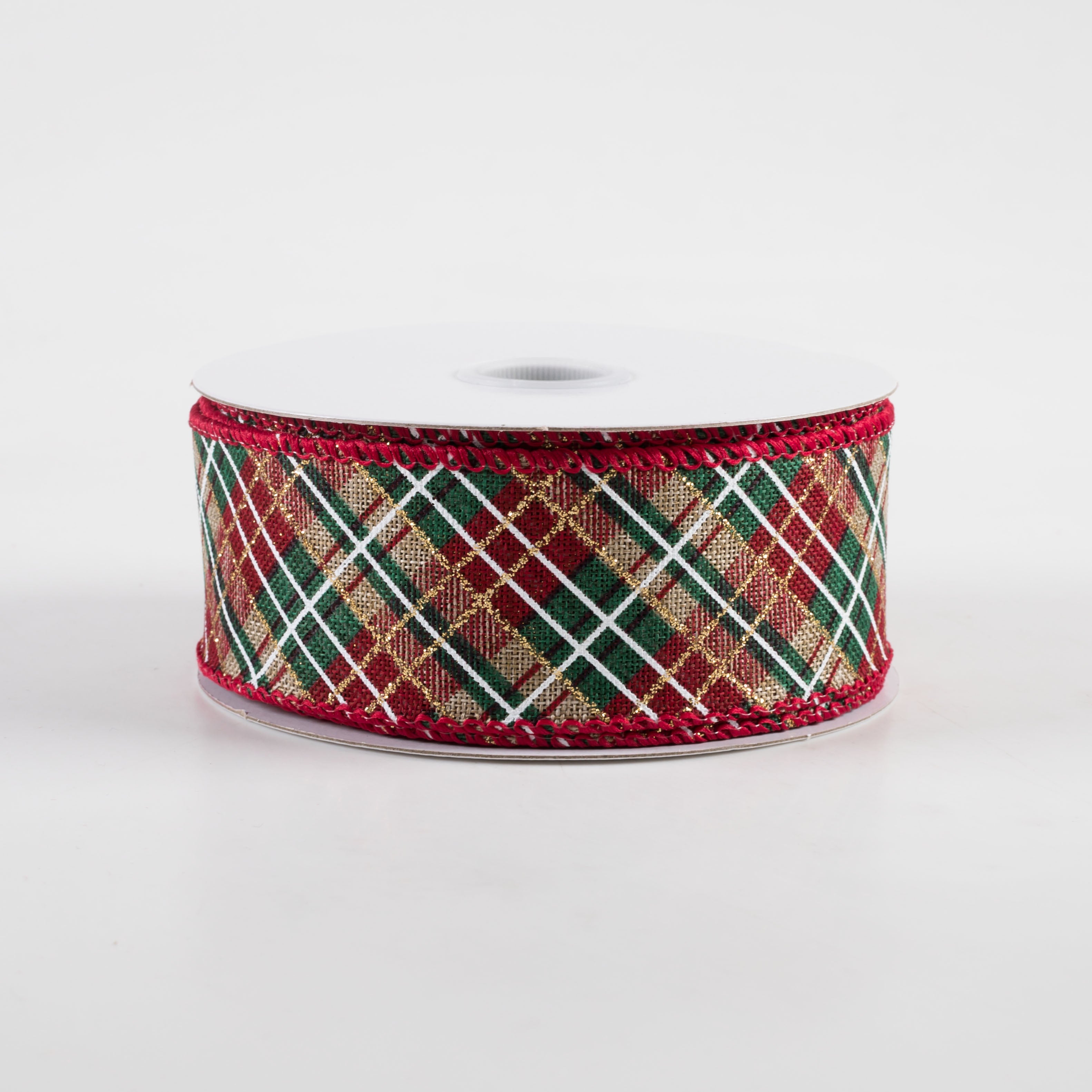 1.5" Linen Glitter Diagonal Plaid Ribbon: Natural, Red, Gold (10 Yards)