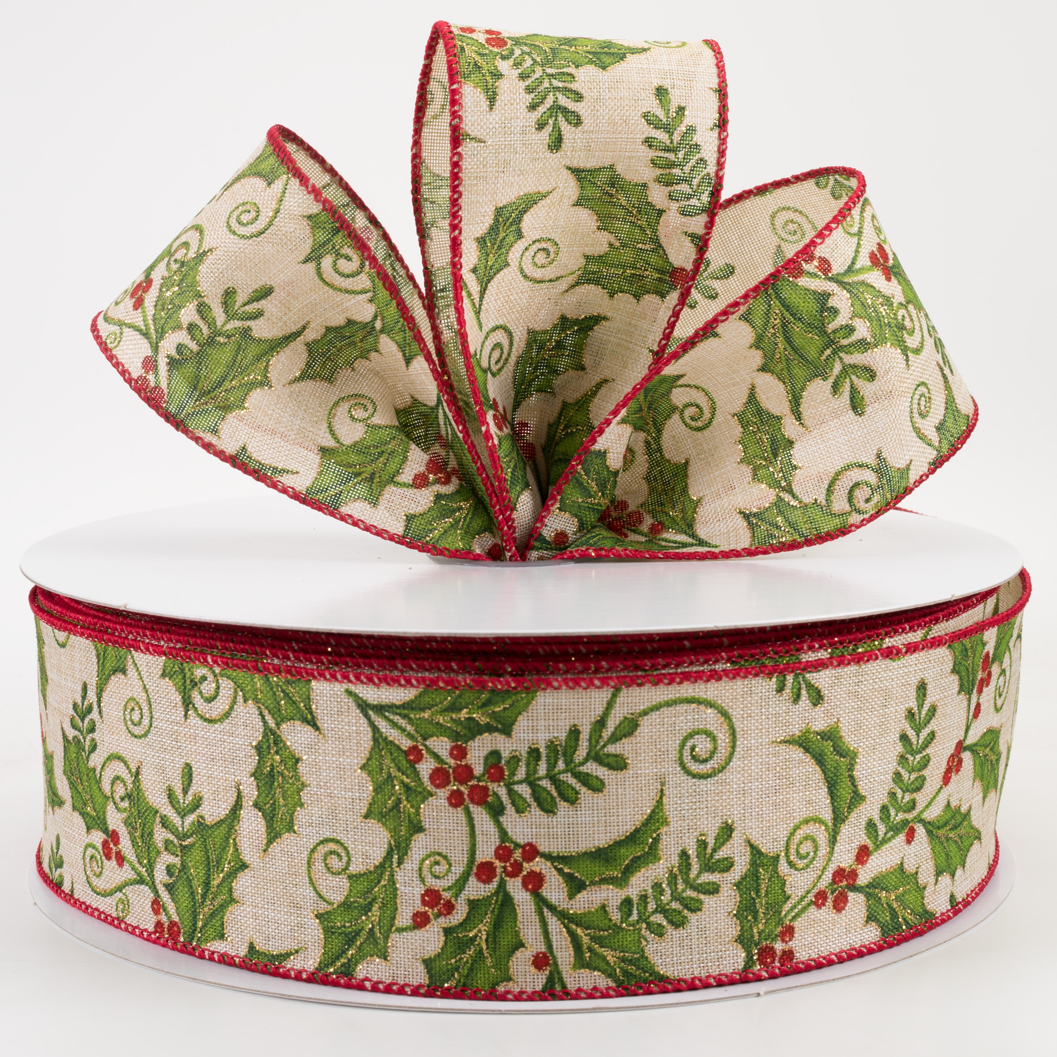 2.5" Linen Glittered Holly Berries Ribbon: Natural (50 Yards) Lifestyle Photo