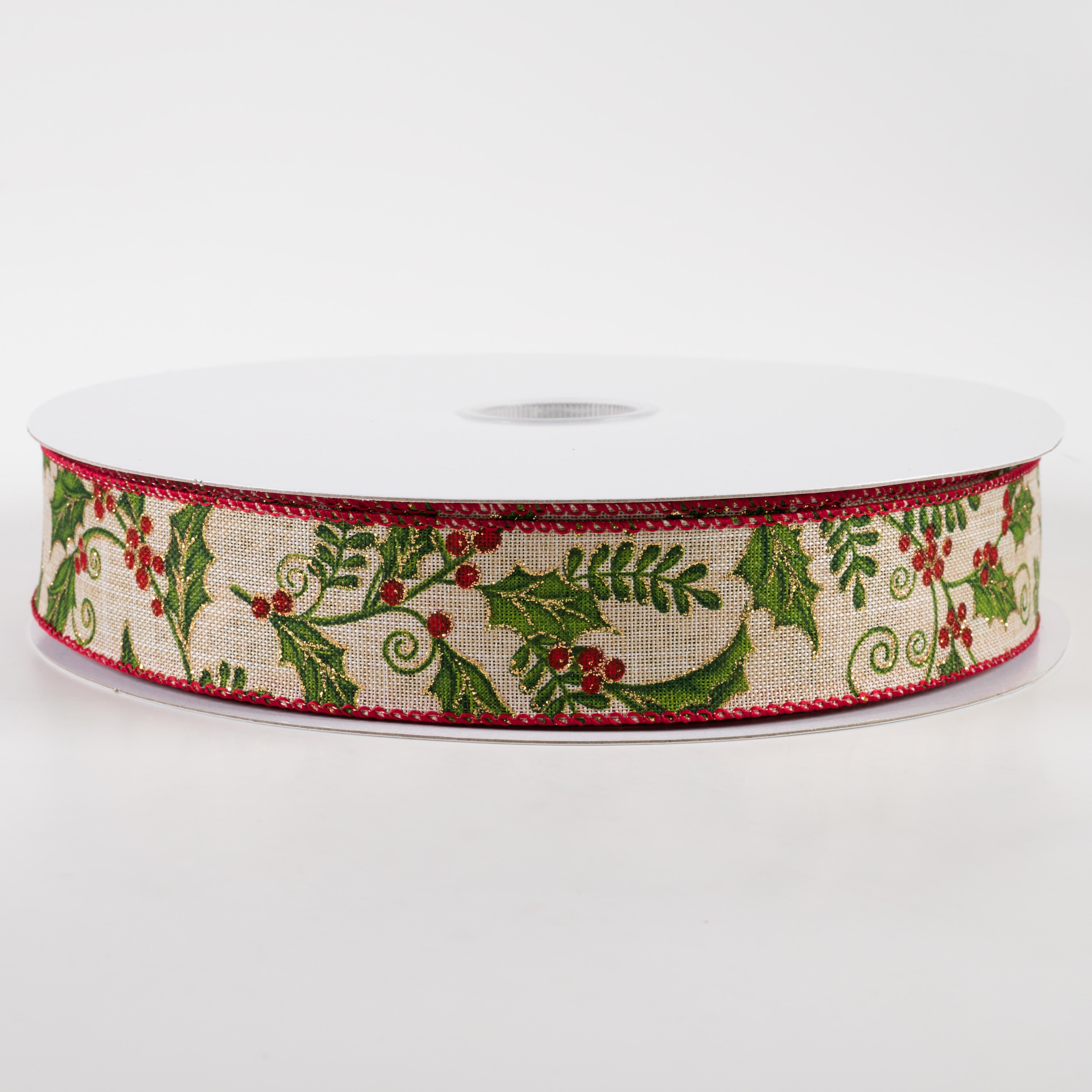 1.5" Linen Glittered Holly Berries Ribbon: Natural (50 Yards)
