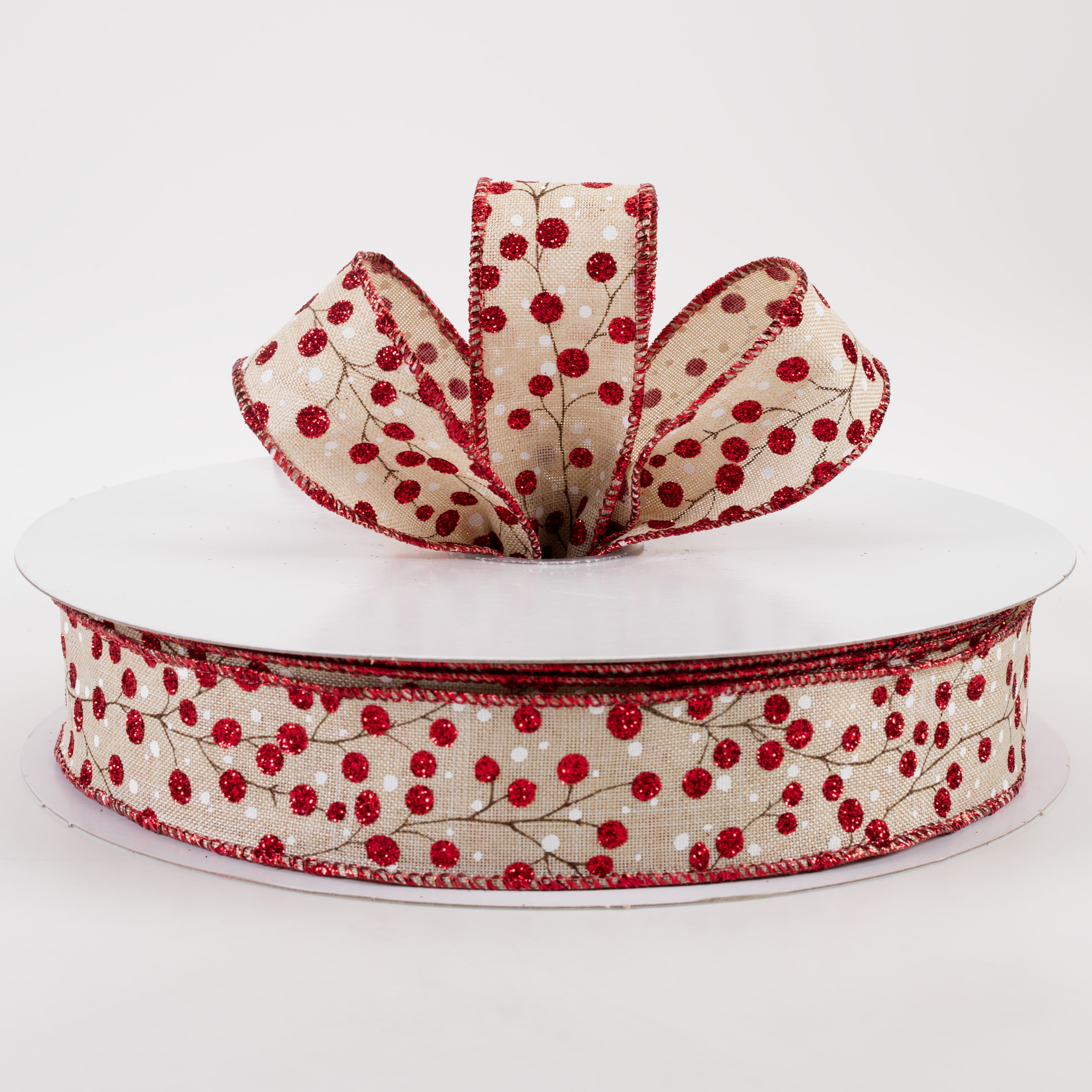 1.5" Linen Glittered Red Berry Branches Ribbon: Natural (50 Yards) Lifestyle Photo