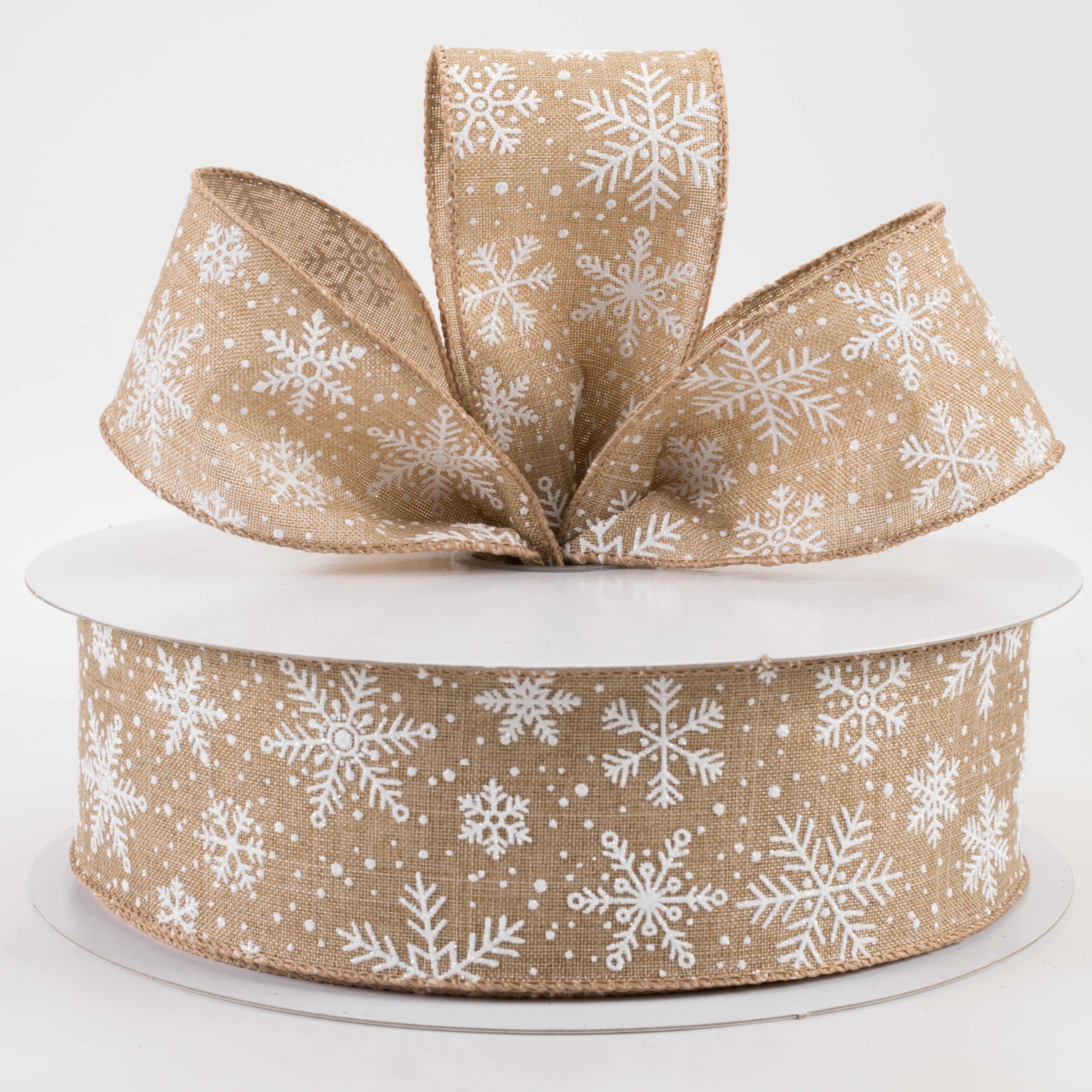2.5" Linen Glittered Snowflakes Ribbon: Natural (50 Yards) Lifestyle Photo