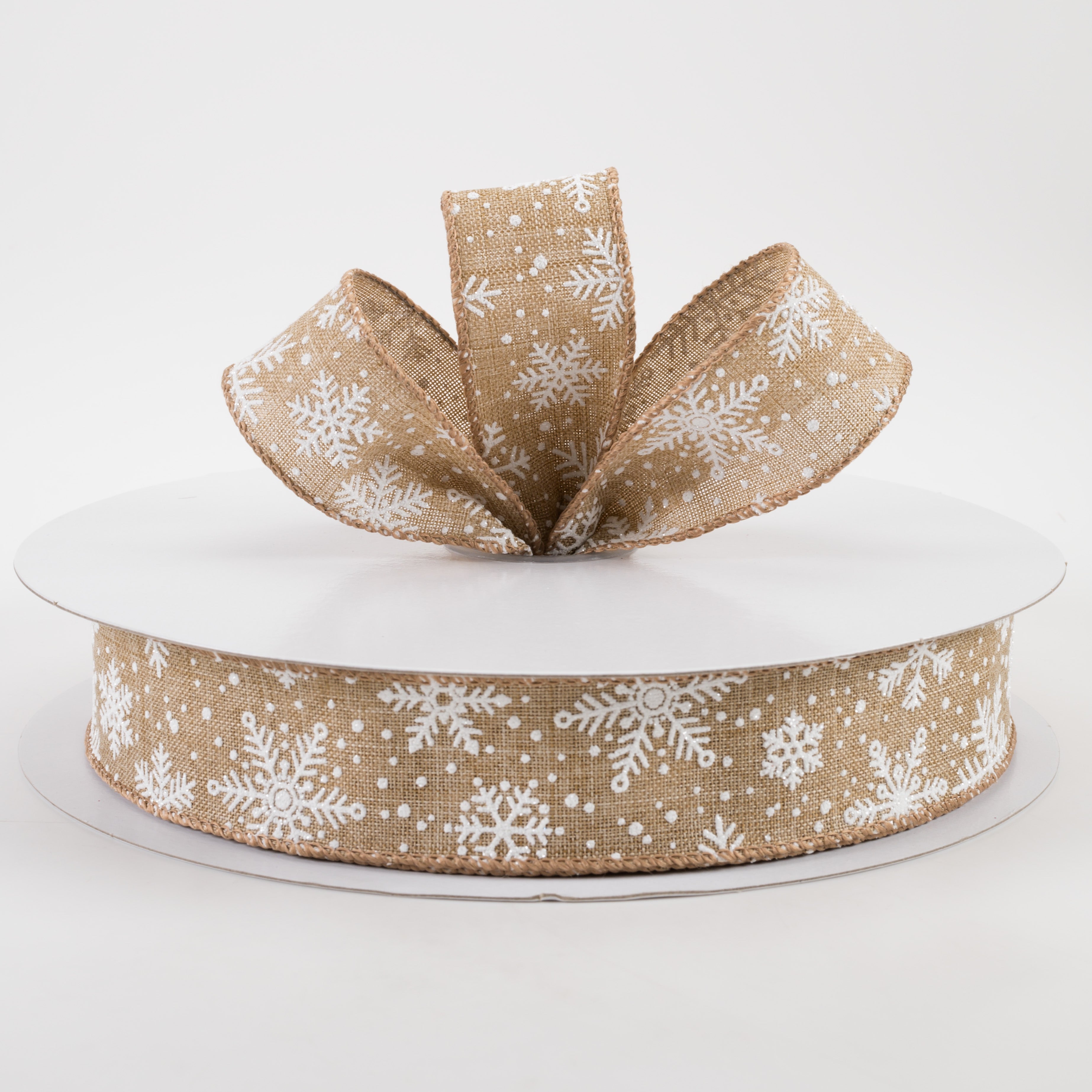1.5" Linen Glittered Snowflakes Ribbon: Natural (50 Yards) Lifestyle Photo