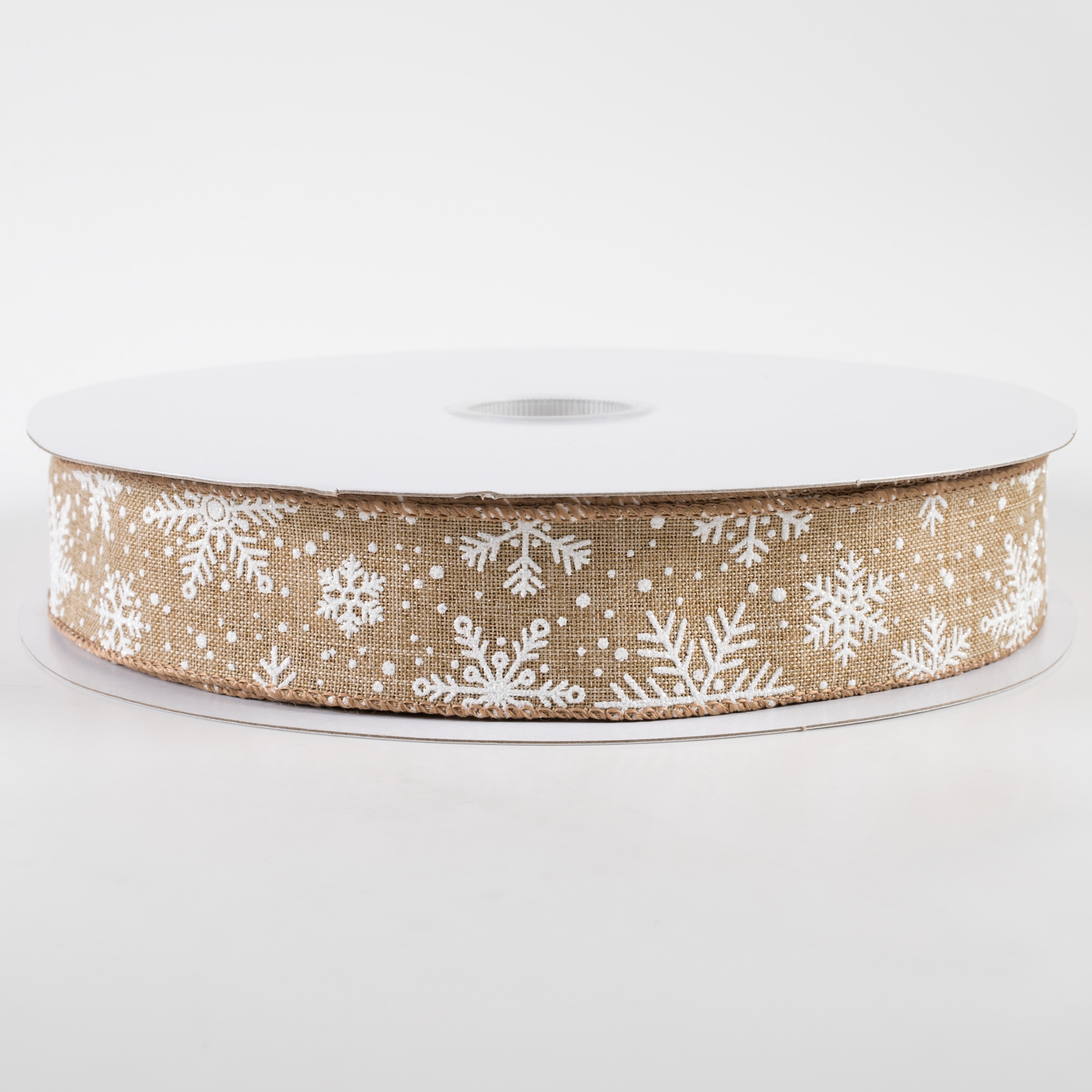 1.5" Linen Glittered Snowflakes Ribbon: Natural (50 Yards)