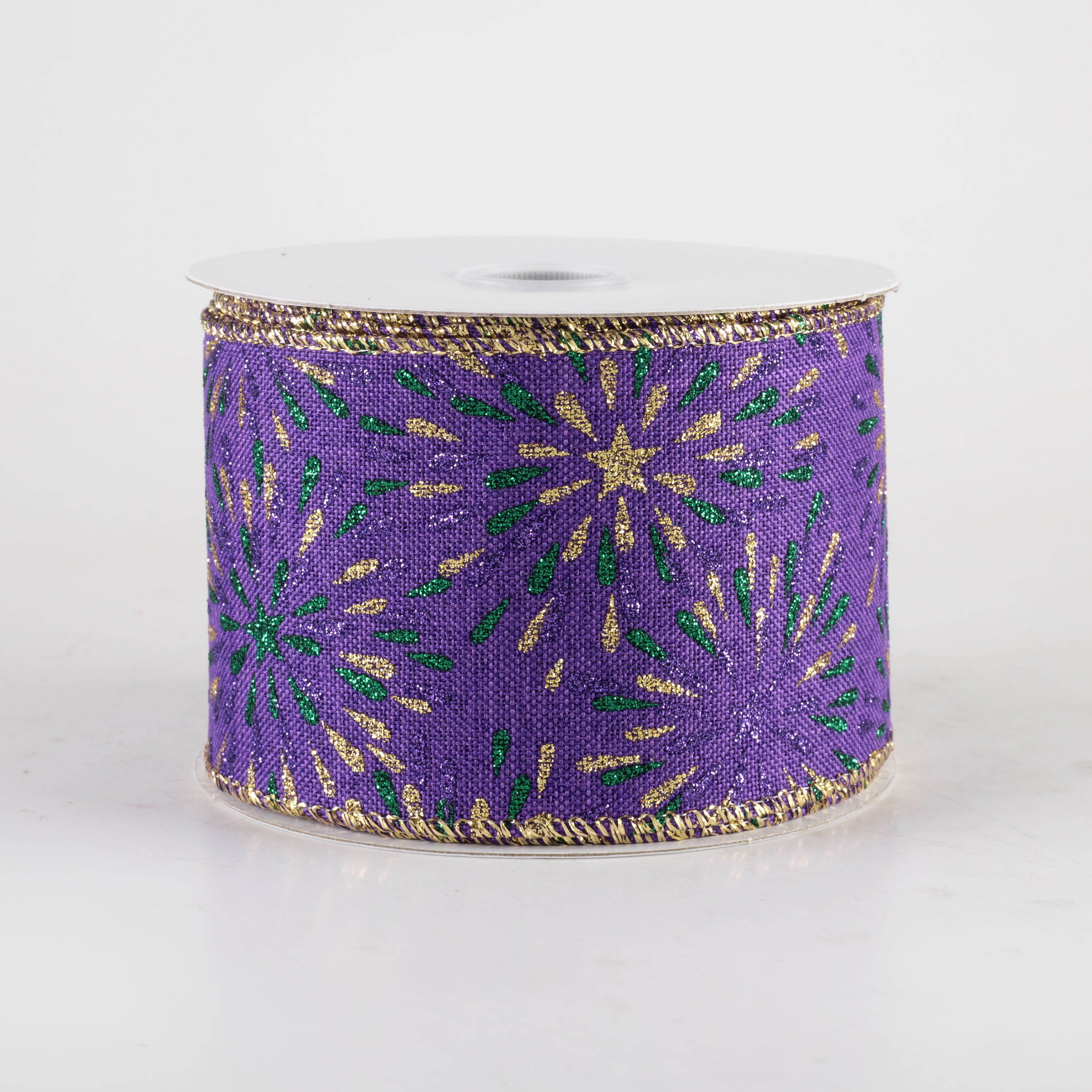 2.5" Linen Glittered Starbusts Ribbon: Mardi Gras (10 Yards) Item Number: 72426-40-48