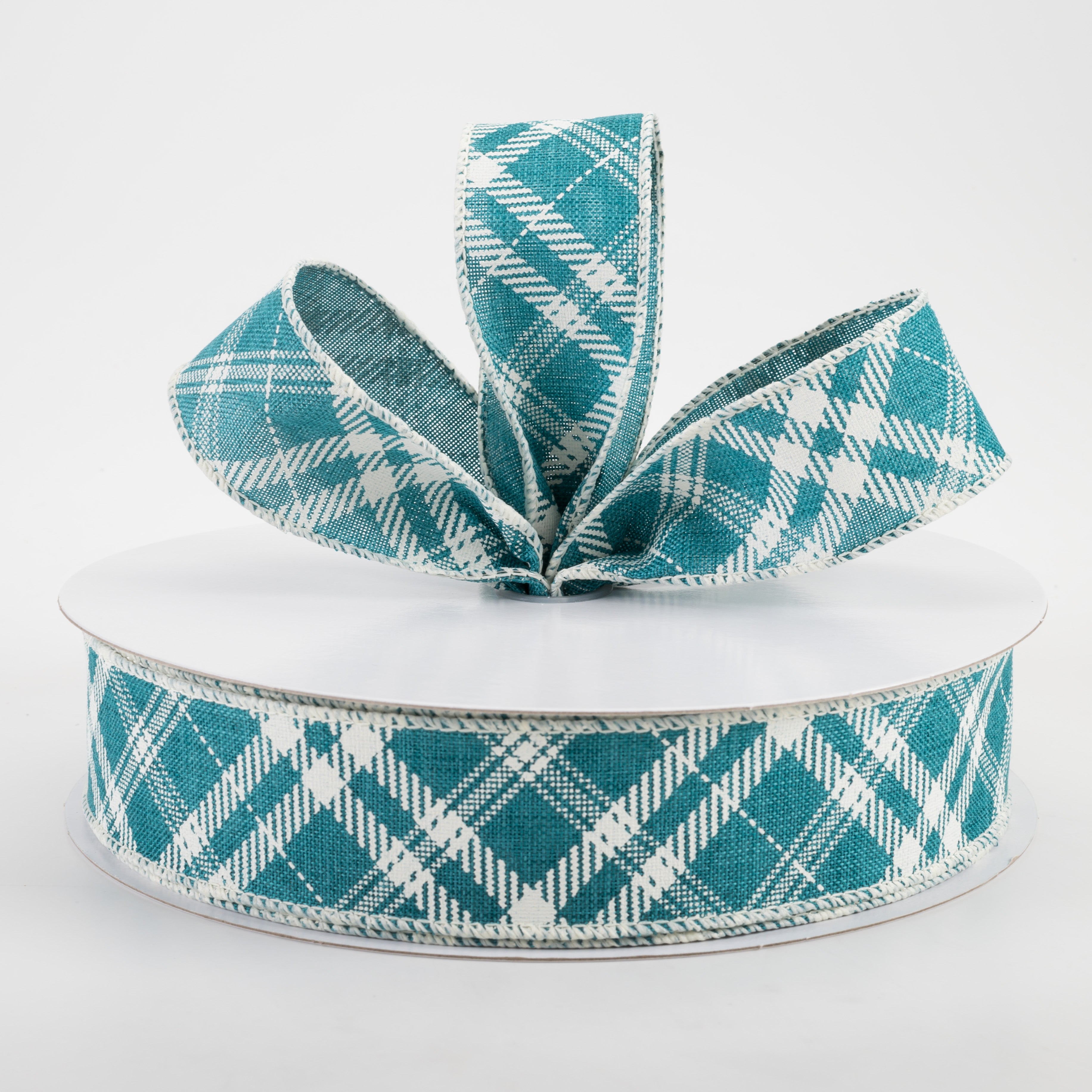 1.5" Linen Hazel Diagonal Plaid Ribbon: Teal Blue (50 Yards) Lifestyle Photo