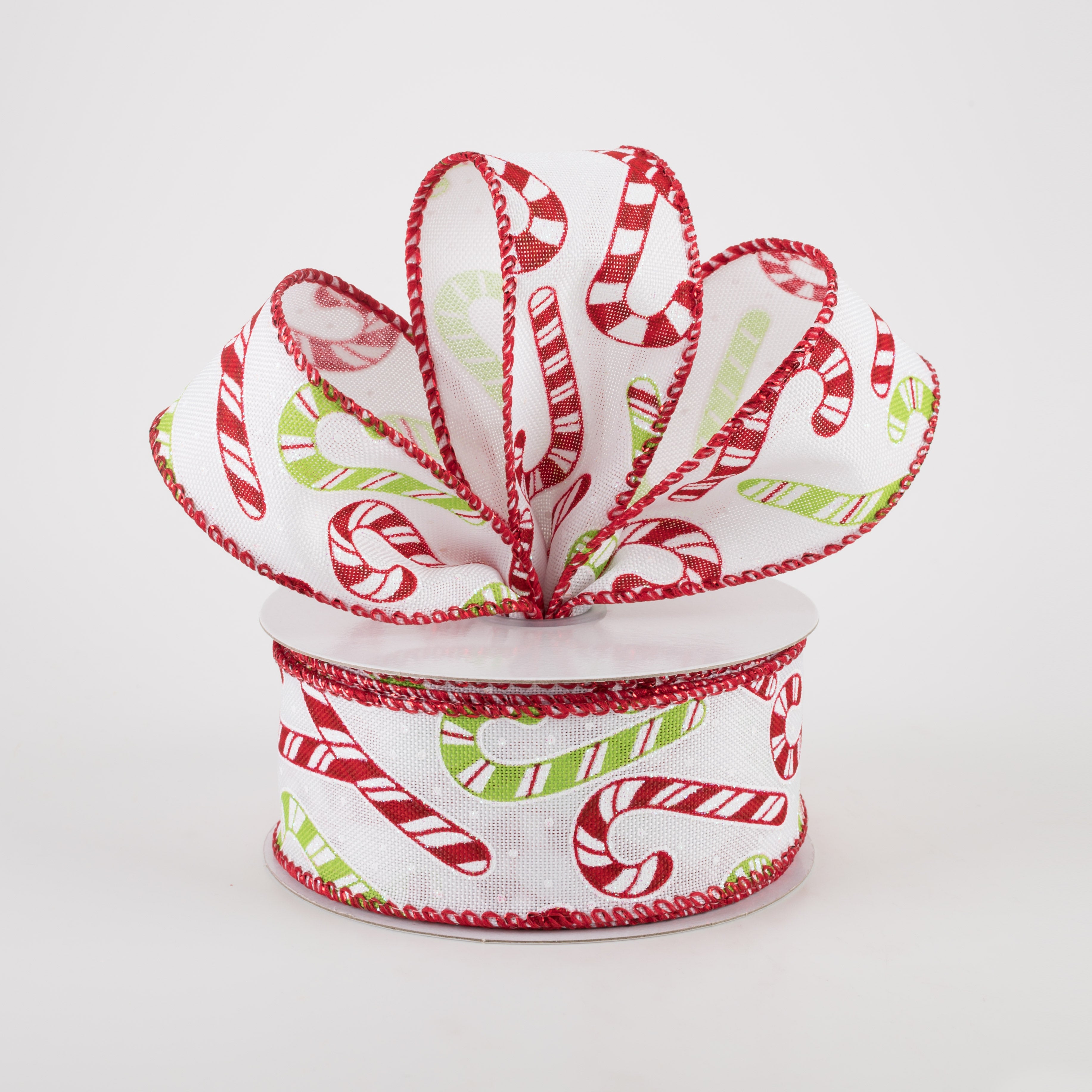 1.5" Linen Iridescent Candy Cane Ribbon: White, Red, Lime (10 Yards) Lifestyle Photo