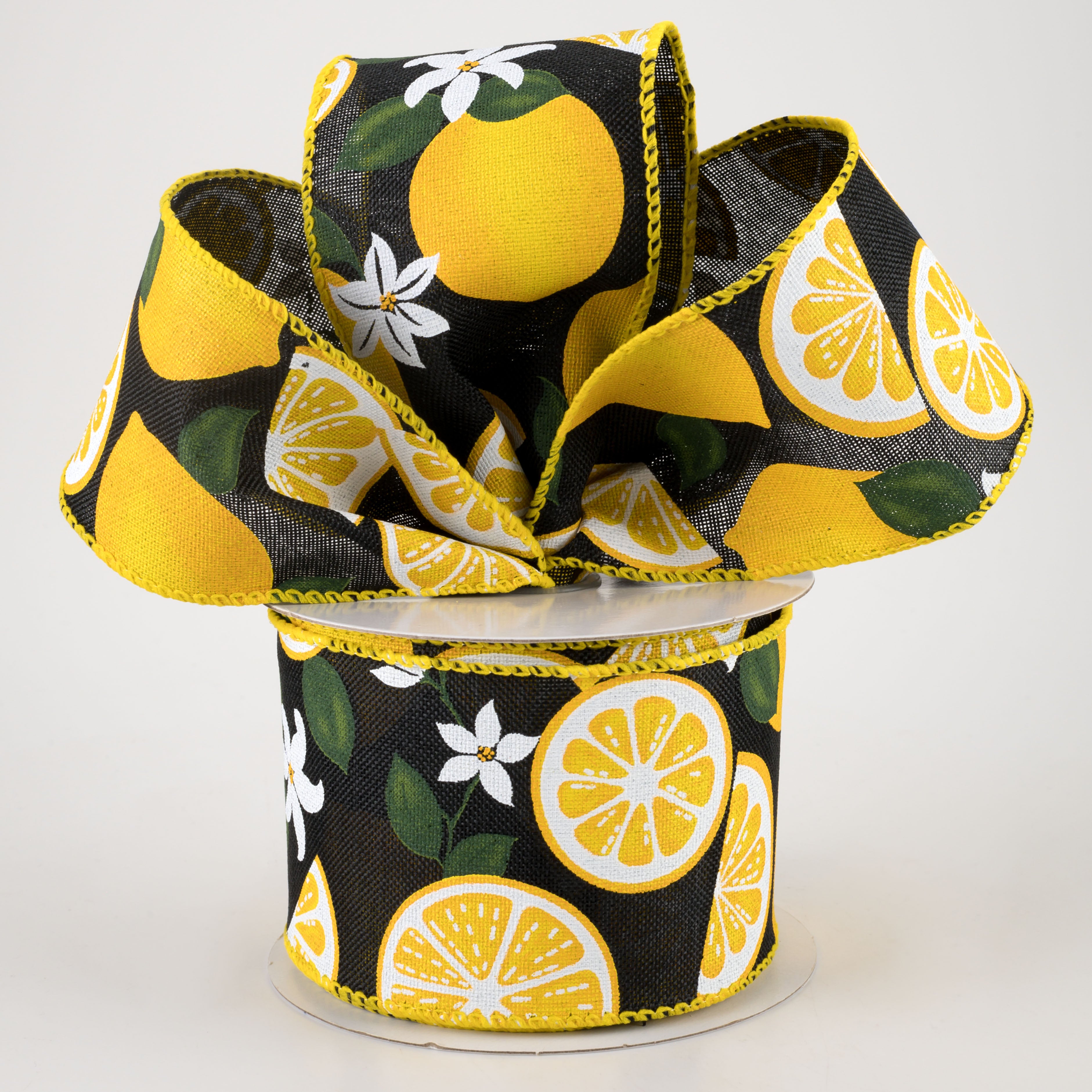 2.5" Linen Lemons & Flowers Ribbon: Black (10 Yards) Lifestyle Photo