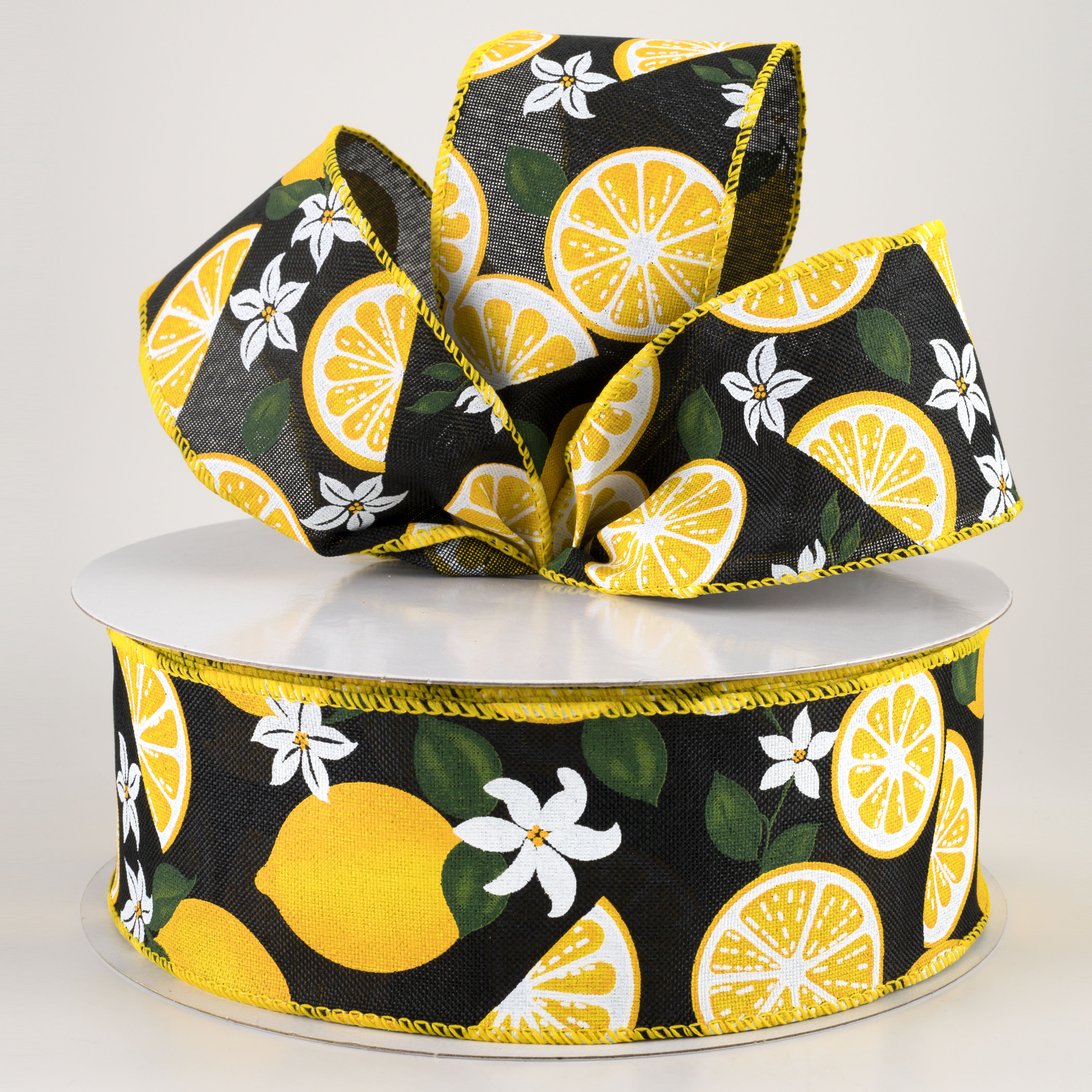 2.5" Linen Lemons & Flowers Ribbon: Black (50 Yards) Lifestyle Photo