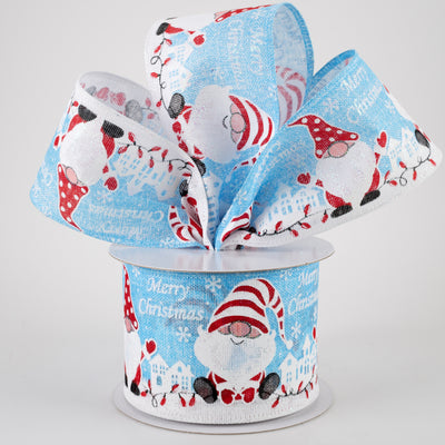 2.5" Linen Merry Christmas Gnomes Ribbon: Light Blue (10 Yards) Lifestyle Photo