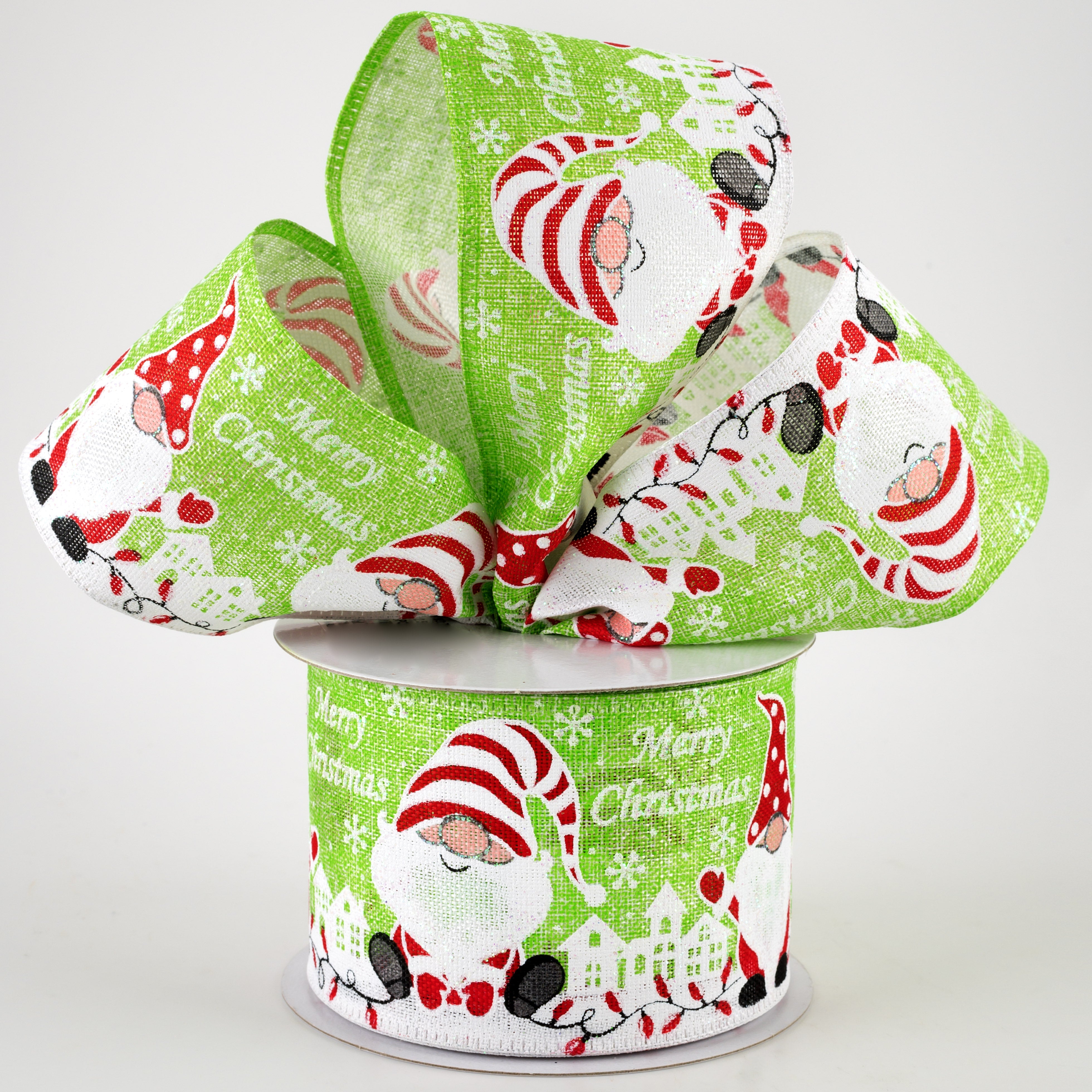 2.5" Linen Merry Christmas Gnomes Ribbon: Lime (10 Yards) Lifestyle Photo