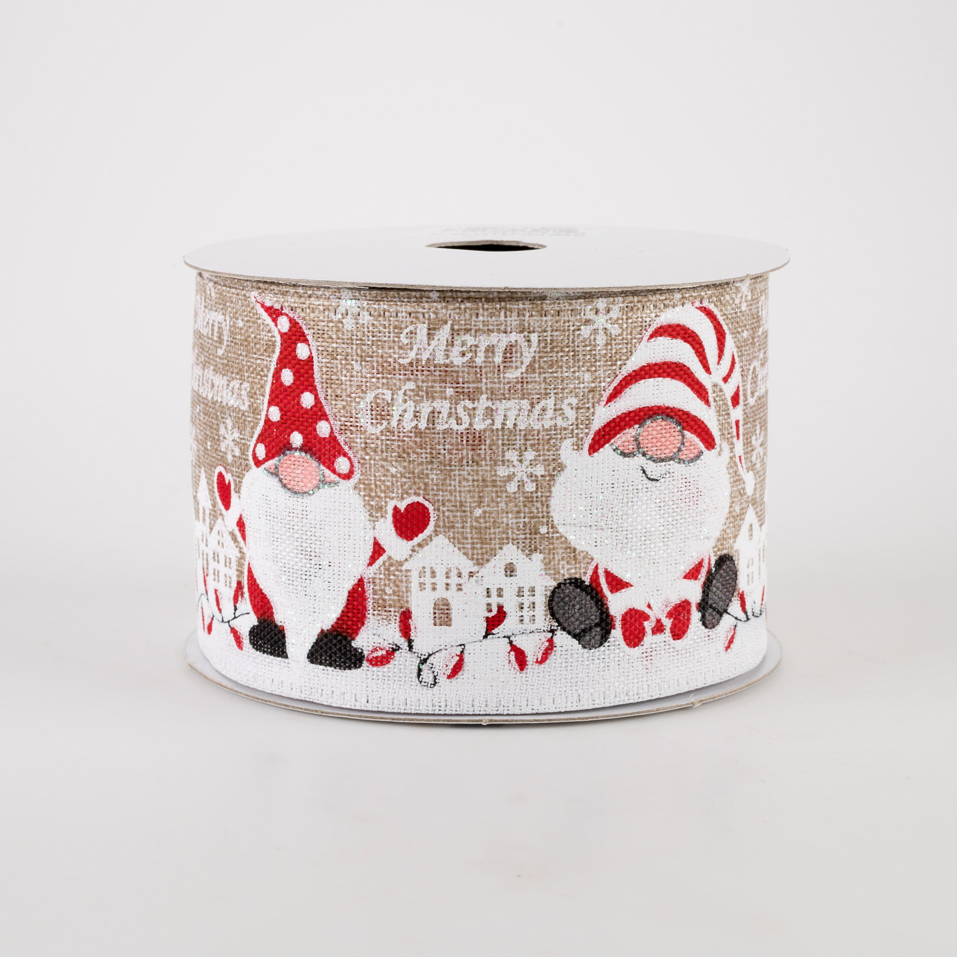 2.5" Linen Merry Christmas Gnomes Ribbon: Natural (10 Yards) Item Number: 75114-40-15