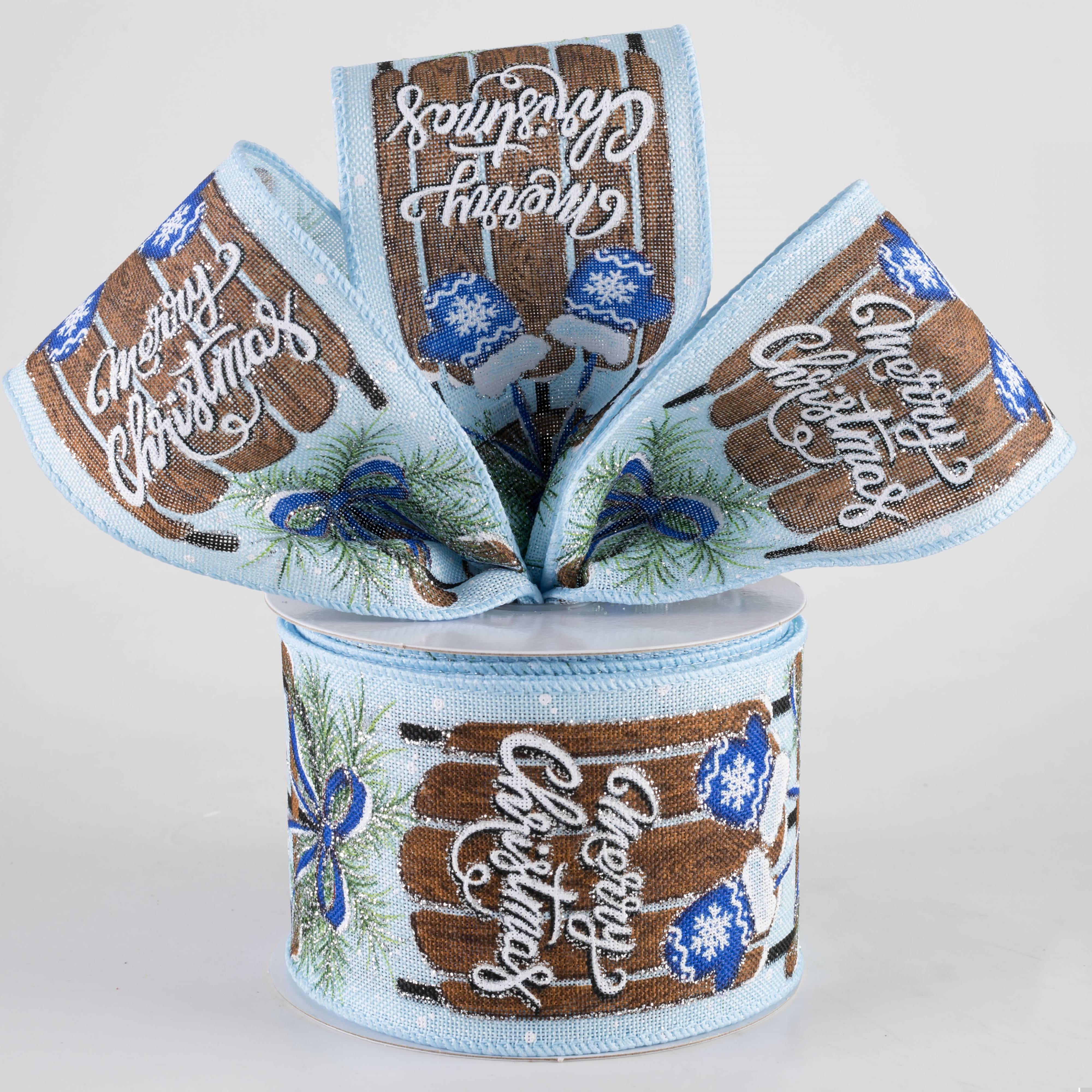 2.5" Linen Merry Christmas Sled & Mittens Ribbon: Light Blue (10 Yards) Lifestyle Photo