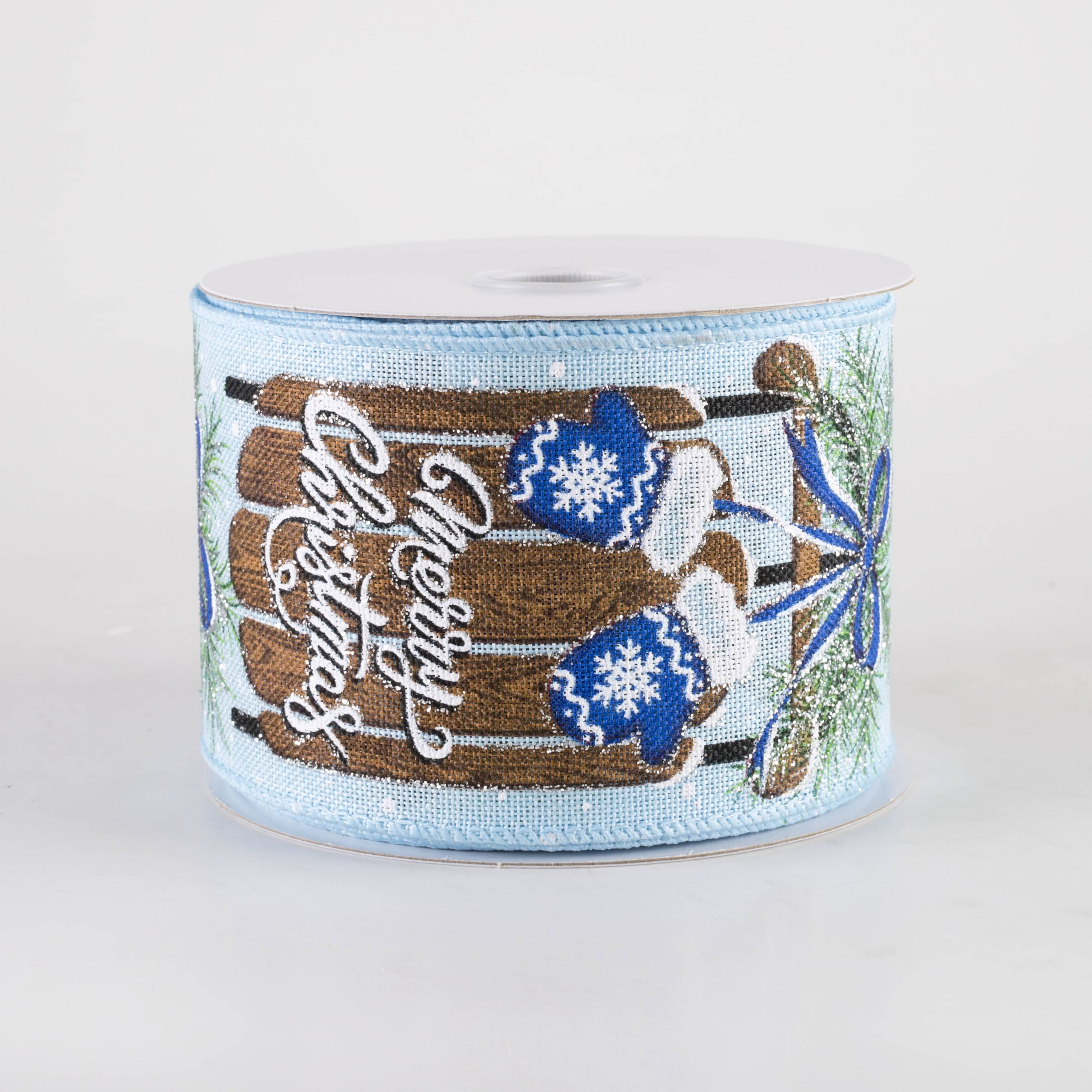 2.5" Linen Merry Christmas Sled & Mittens Ribbon: Light Blue (10 Yards) Item Number: 71447-40-04