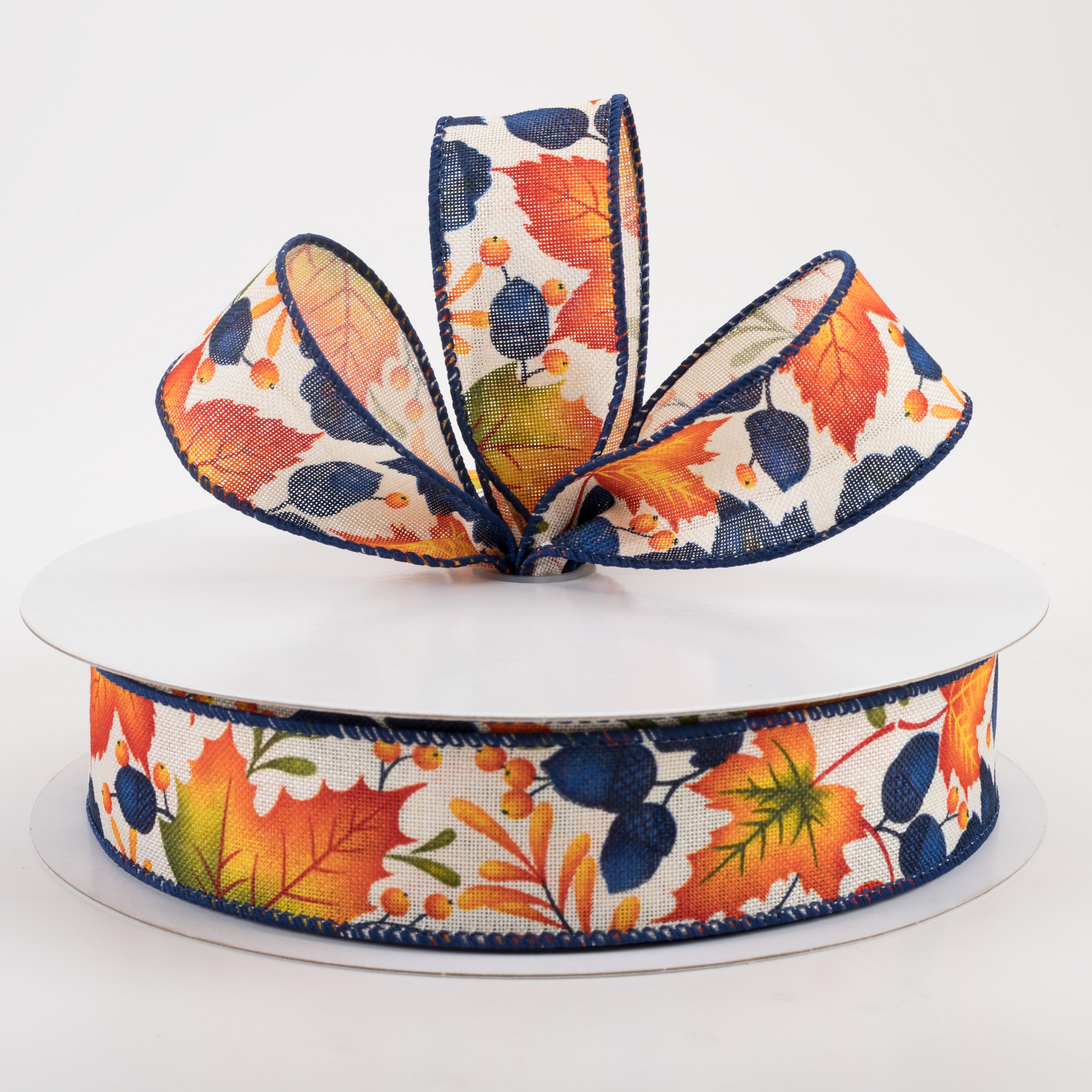 1.5" Linen Navy Fall Leaves Ribbon: Ivory (50 Yards) Lifestyle Photo