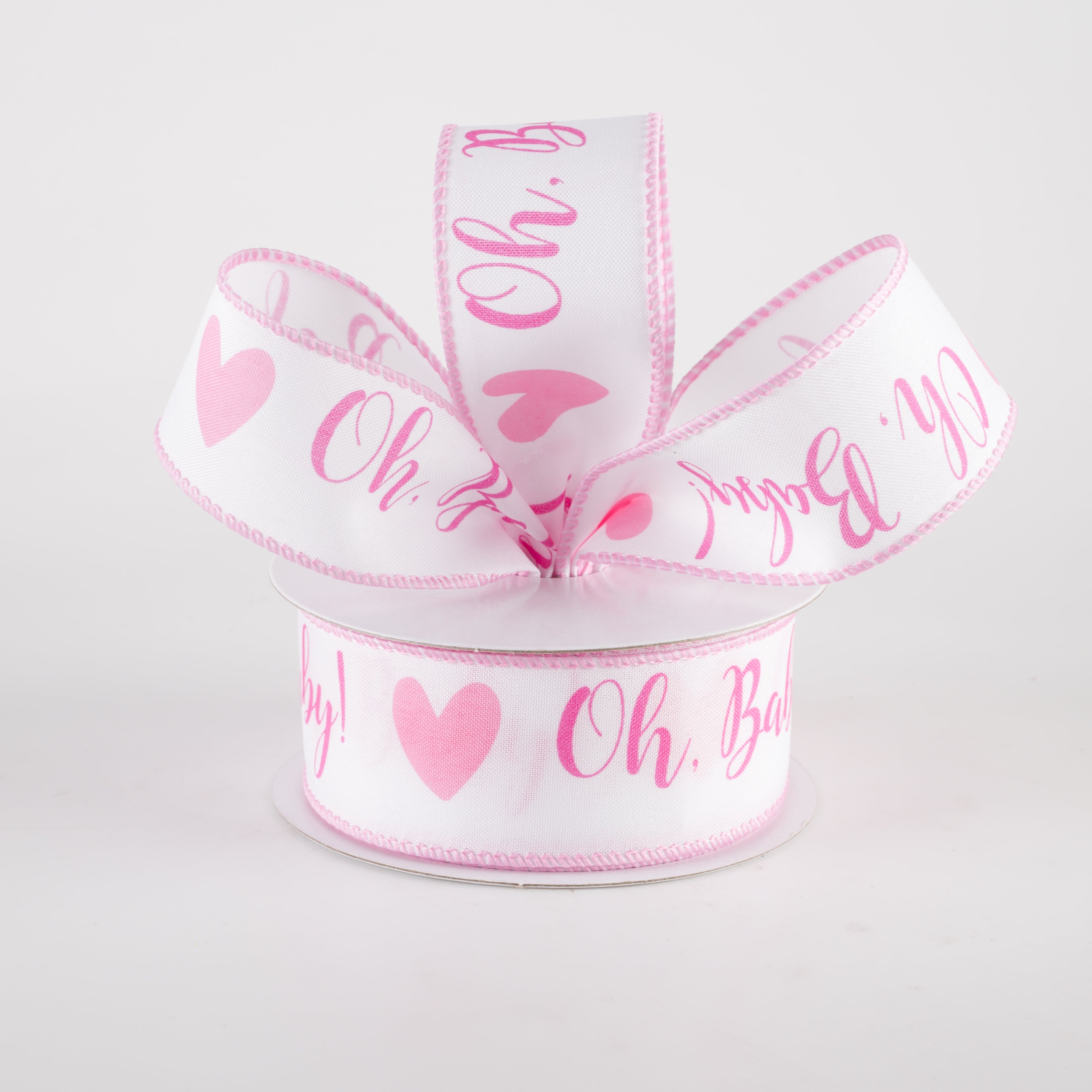 1.5" Linen Oh, Baby! Heart Ribbon: White & Pink (10 Yards) Lifestyle Photo