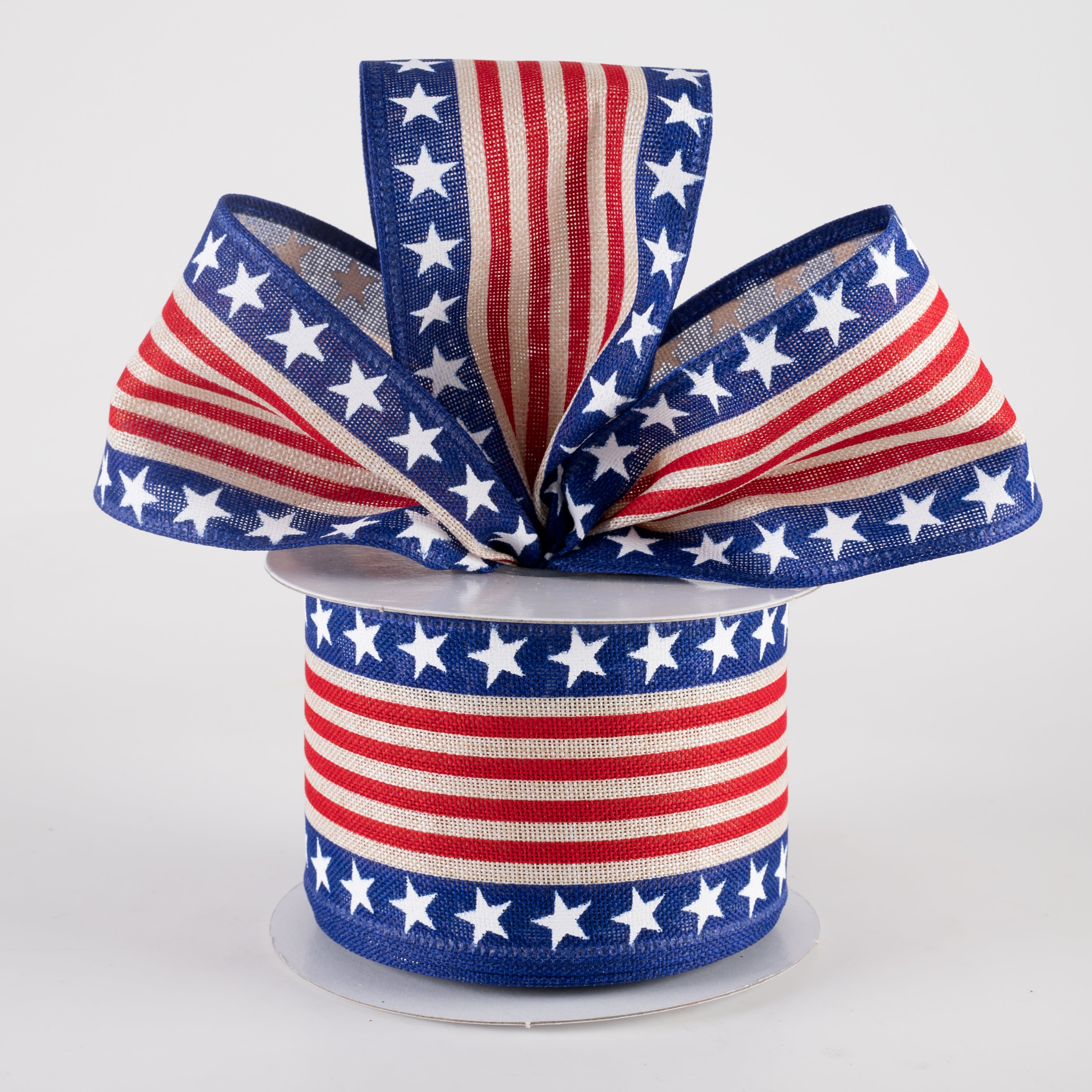 2.5" Linen Patriotic Stars & Cabana Stripes Ribbon: Natural (10 Yards) Lifestyle Photo