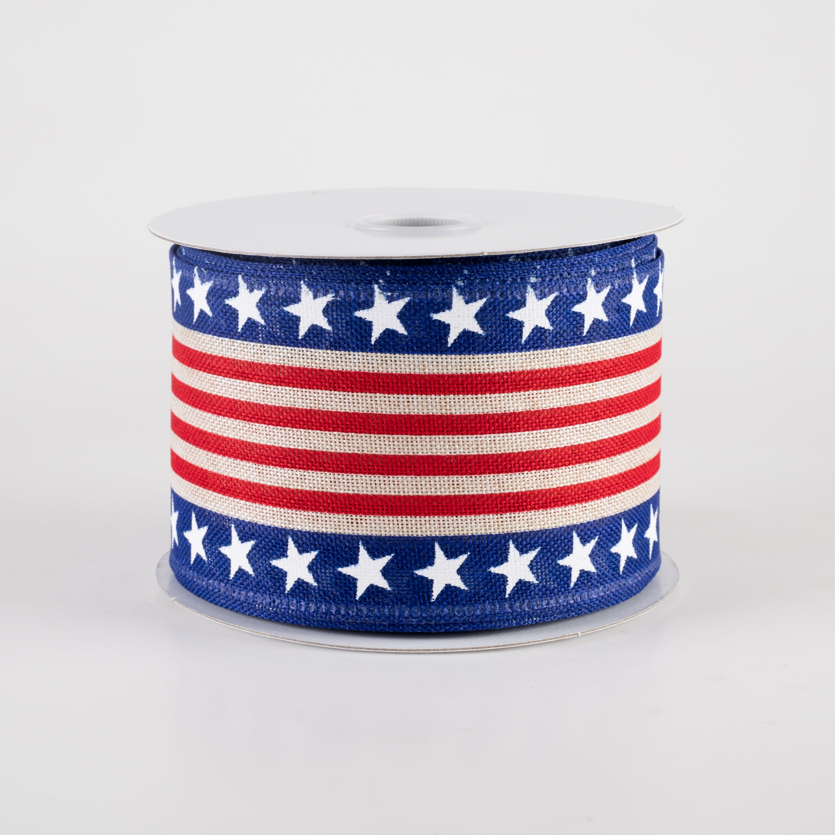2.5" Linen Patriotic Stars & Cabana Stripes Ribbon: Natural (10 Yards)