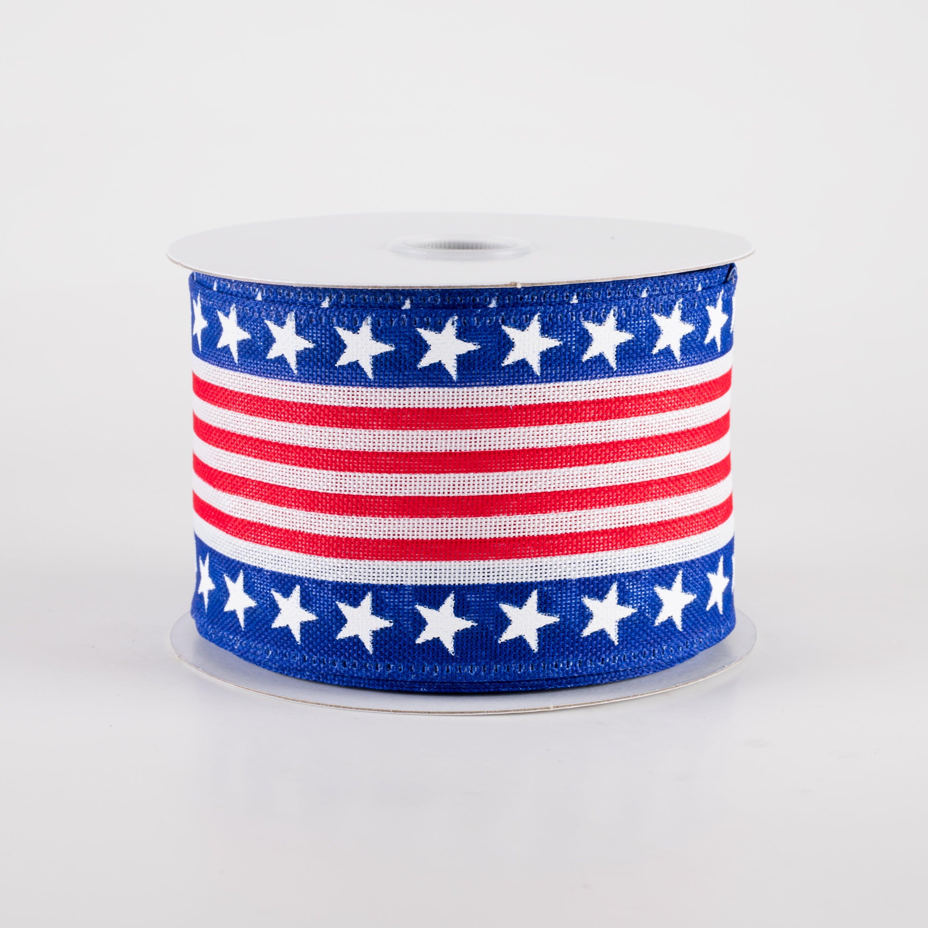 2.5" Linen Patriotic Stars & Cabana Stripes Ribbon: White (10 Yards) Item Number: 46401-40-01