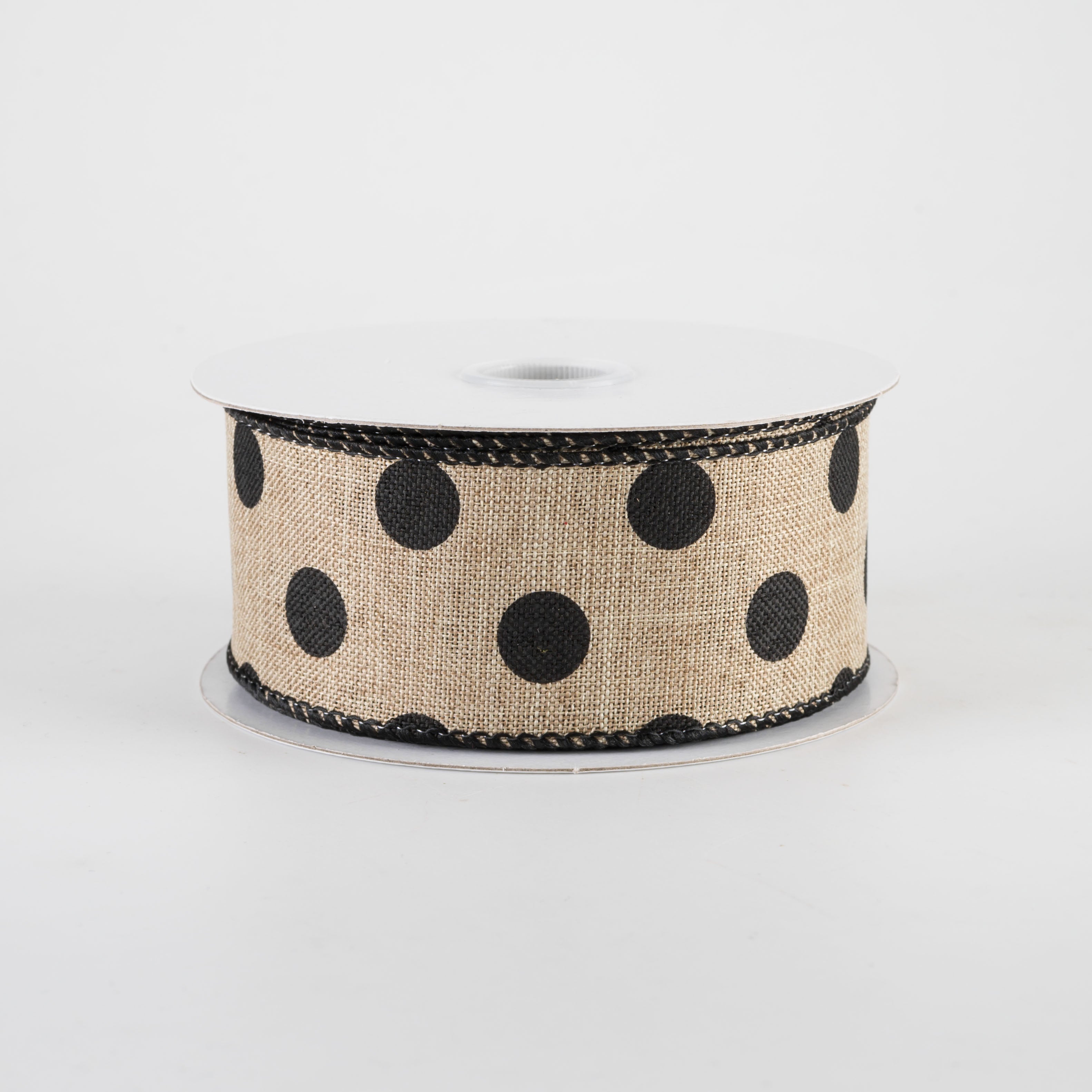1.5" Linen Polka Dot Ribbon: Black on Natural (10 Yards)