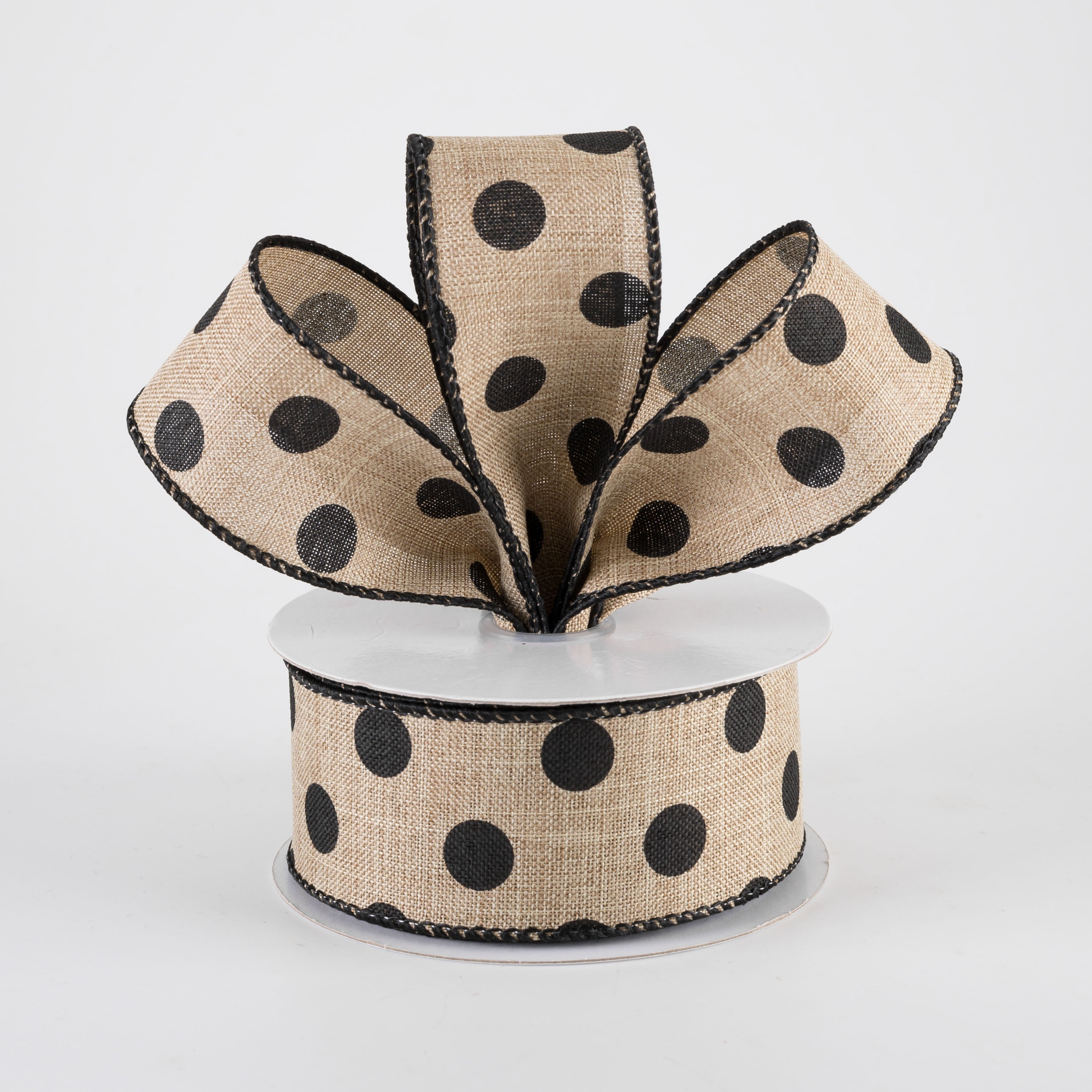 1.5" Linen Polka Dot Ribbon: Black on Natural (10 Yards) Lifestyle Photo
