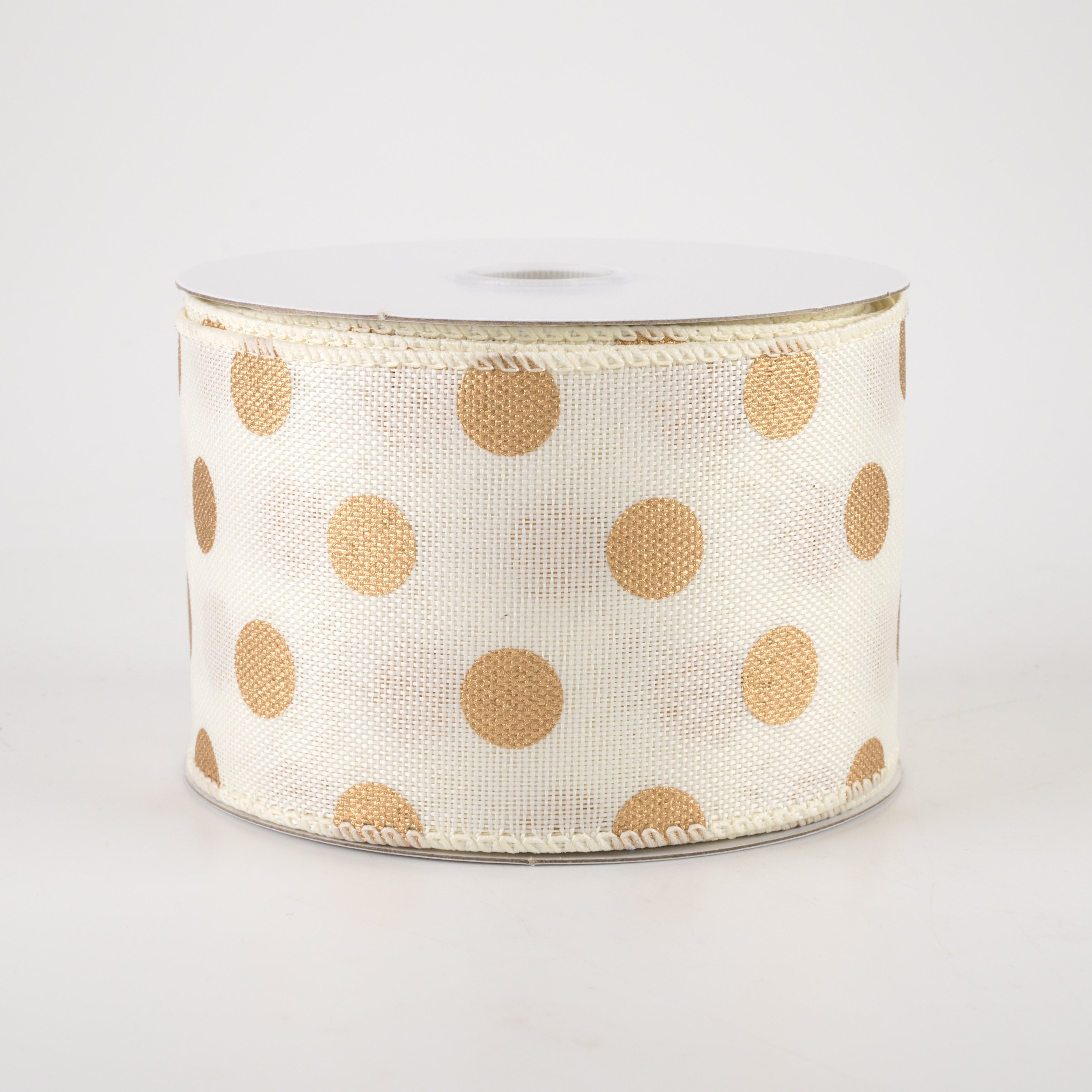 2.5" Linen Polka Dot Ribbon: Old Gold on Ivory (10 Yards)