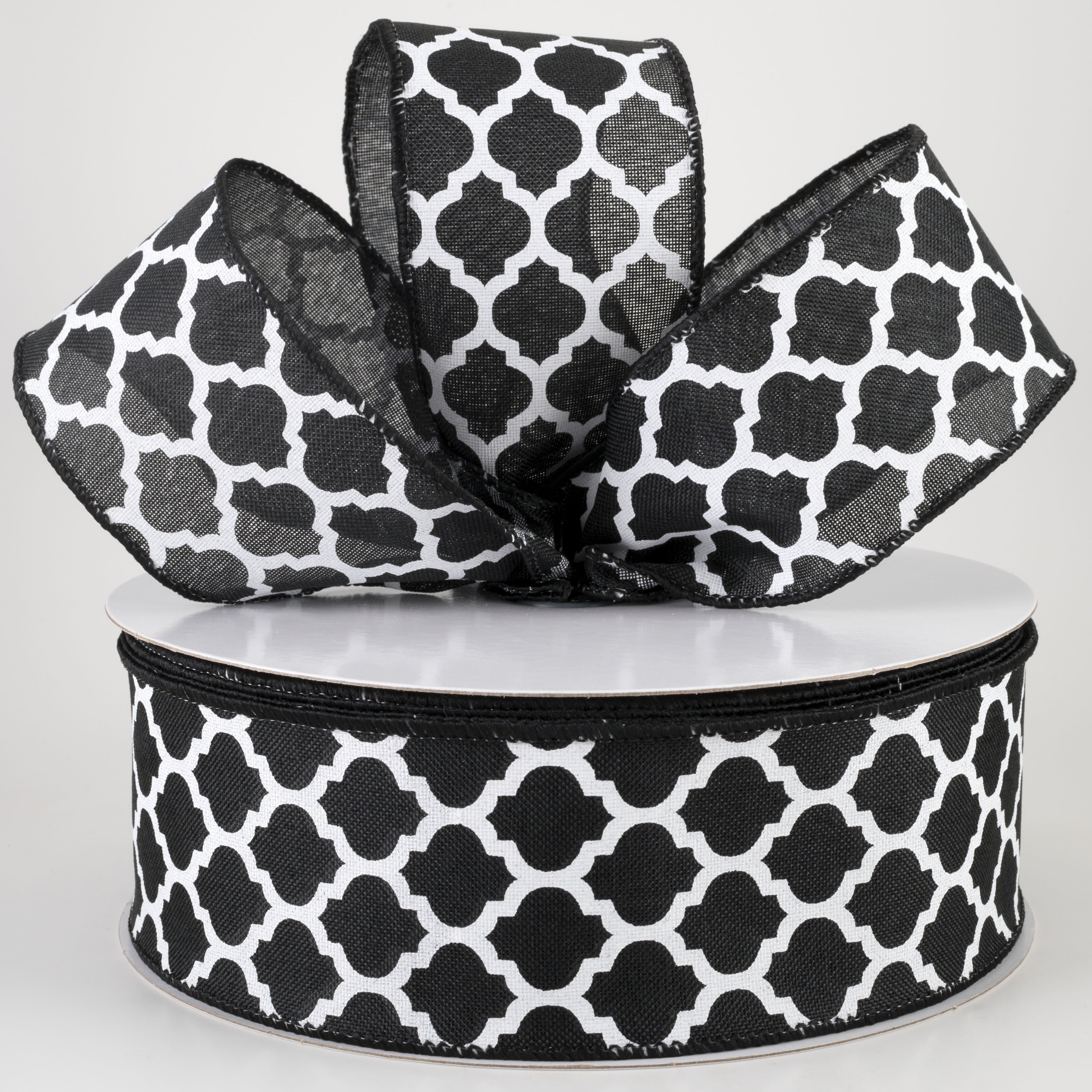 2.5" Linen Quatrefoil Lattice Ribbon: Black & White (50 Yards) Lifestyle Photo