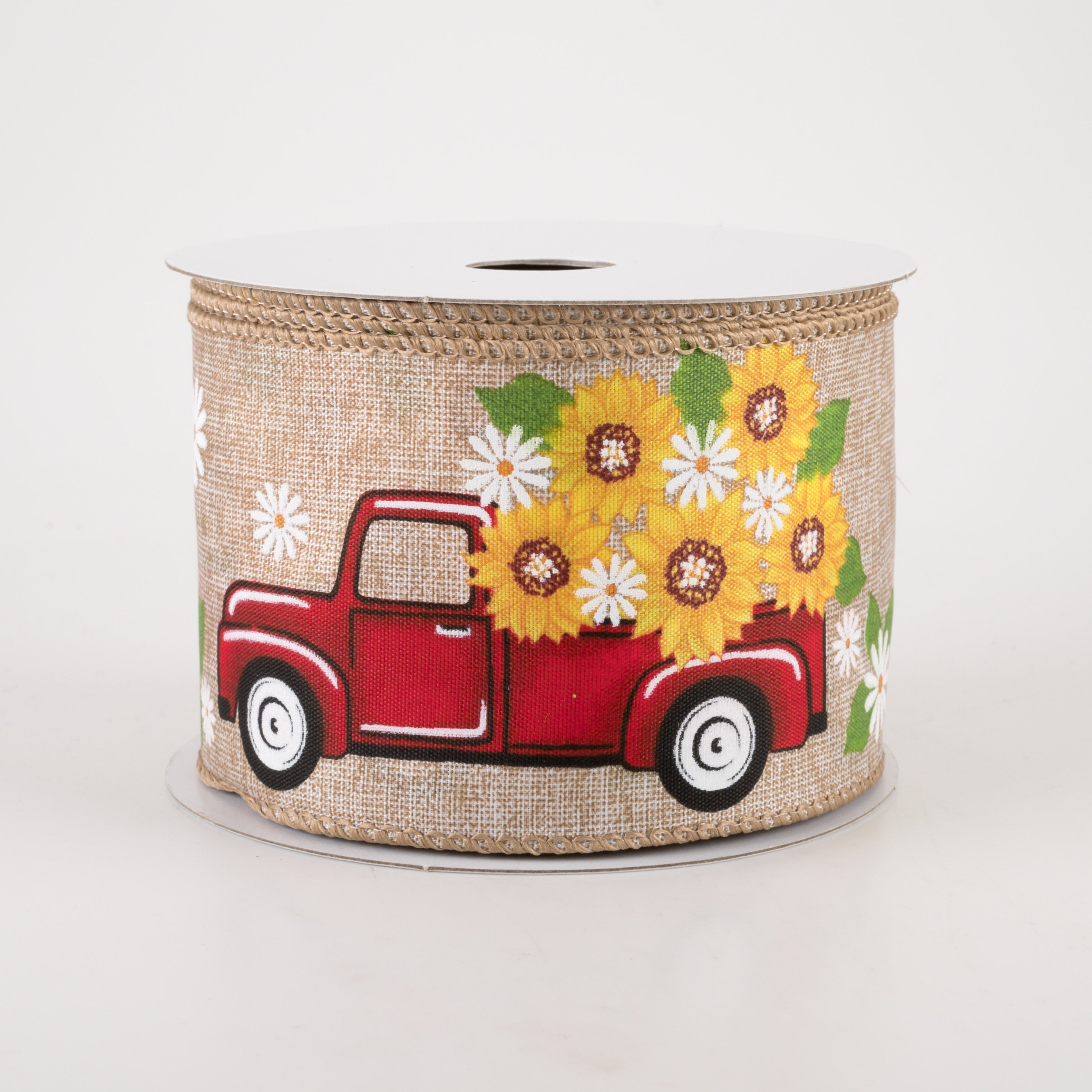 2.5" Linen Red Truck with Sunflowers Ribbon (10 Yards)