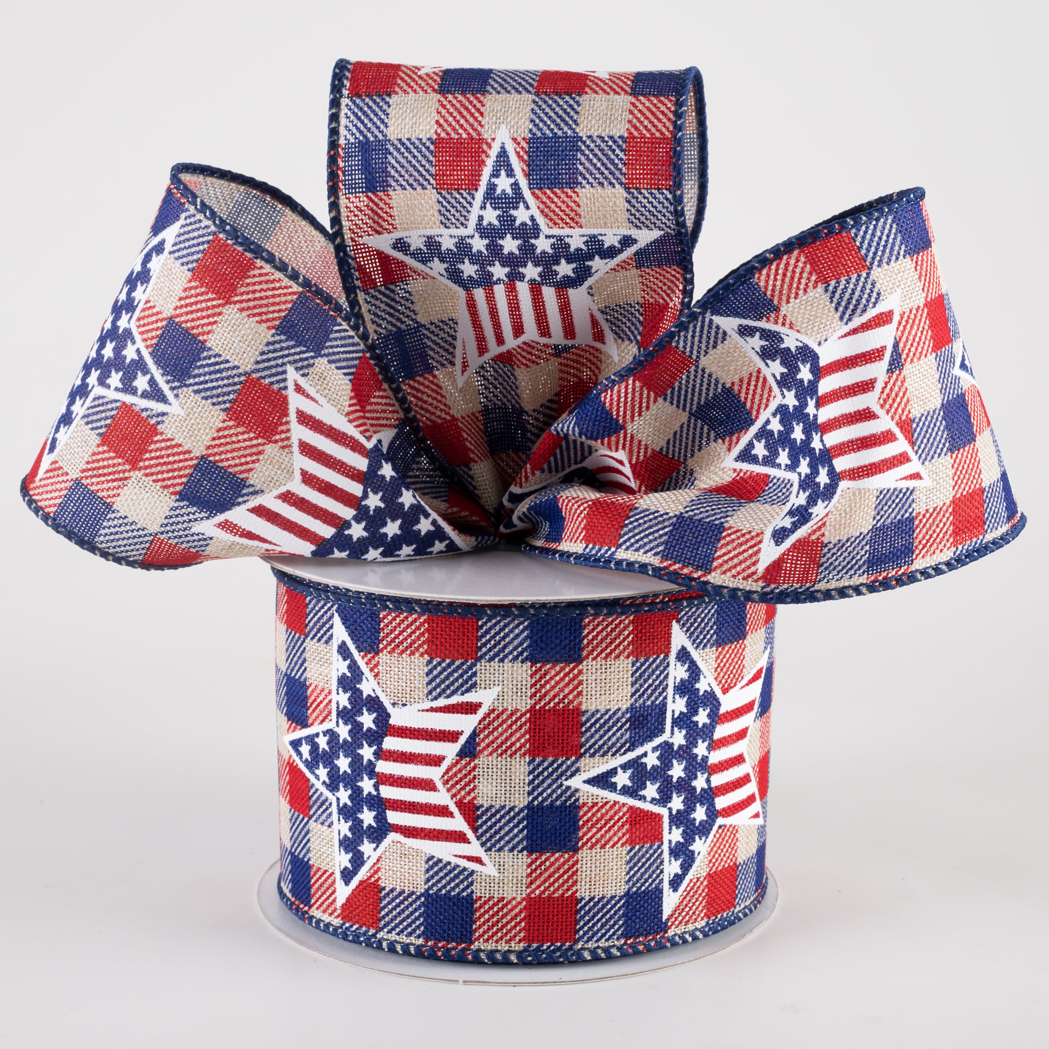 2.5" Linen RWB Check Flag Star Ribbon: Natural (10 Yards) Lifestyle Photo
