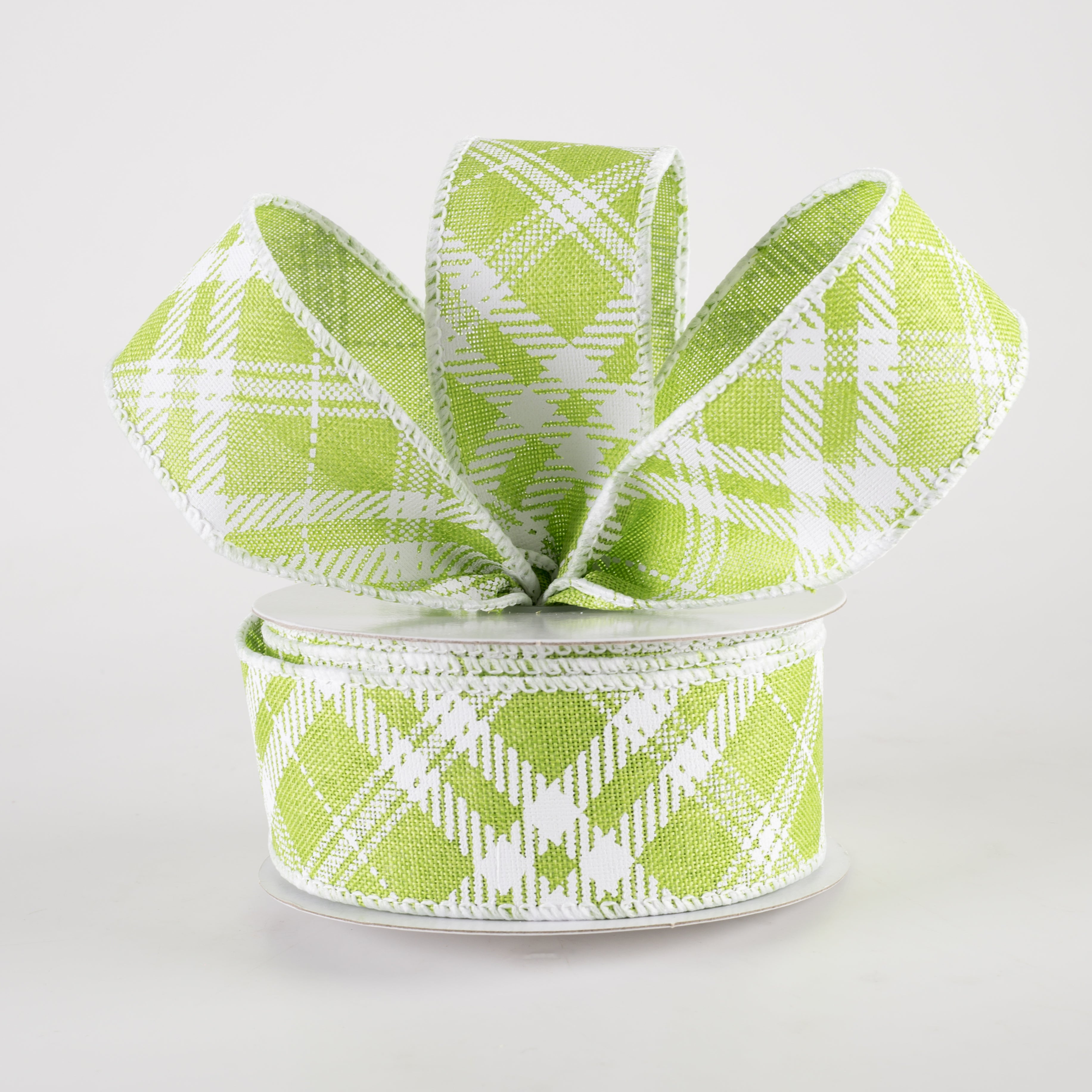 1.5" Linen Sandra Diagonal Plaid Ribbon: Lime Green (10 Yards) Lifestyle Photo