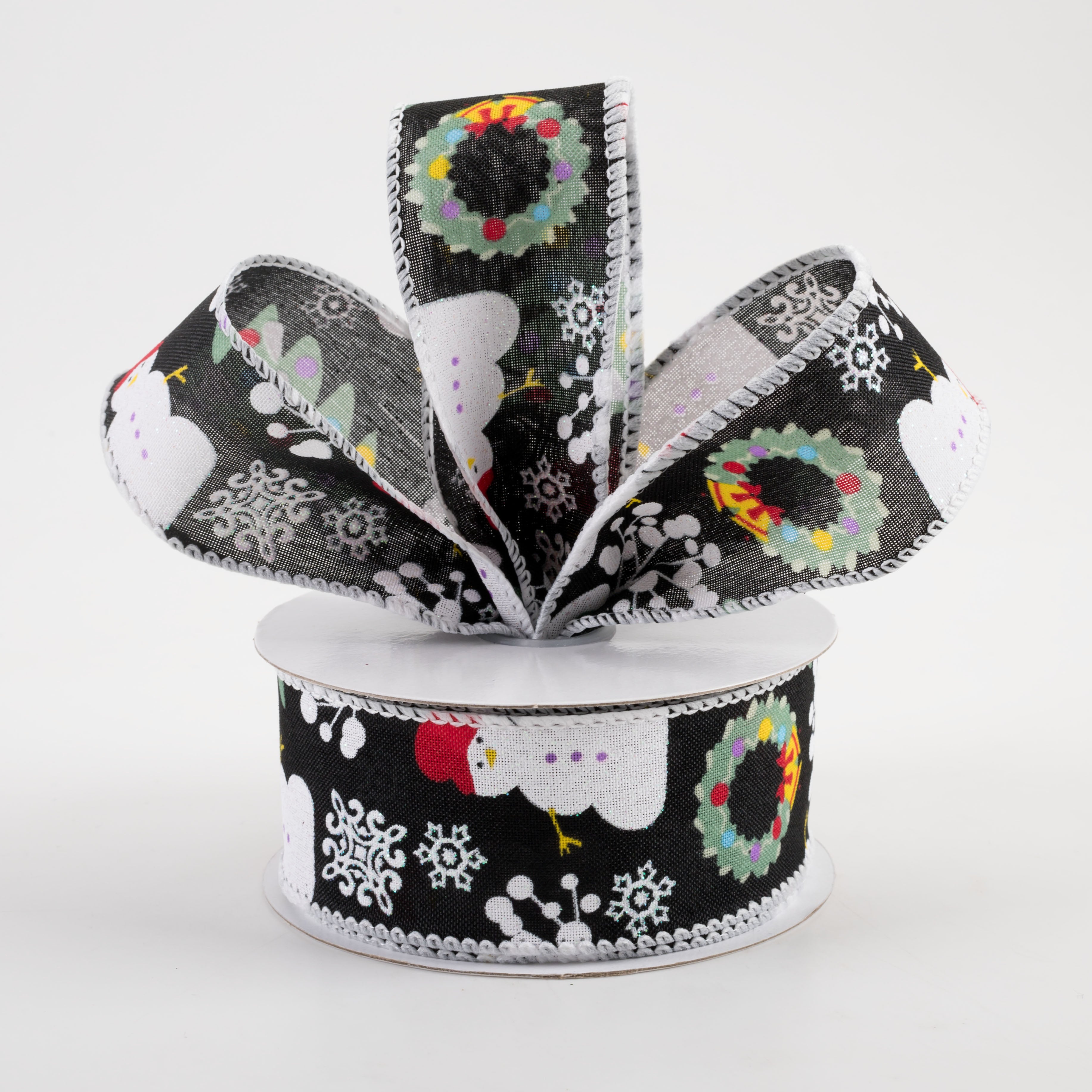 1.5" Linen Snowman, Christmas Wreath, Tree Ribbon: Black (10 Yards) Lifestyle Photo