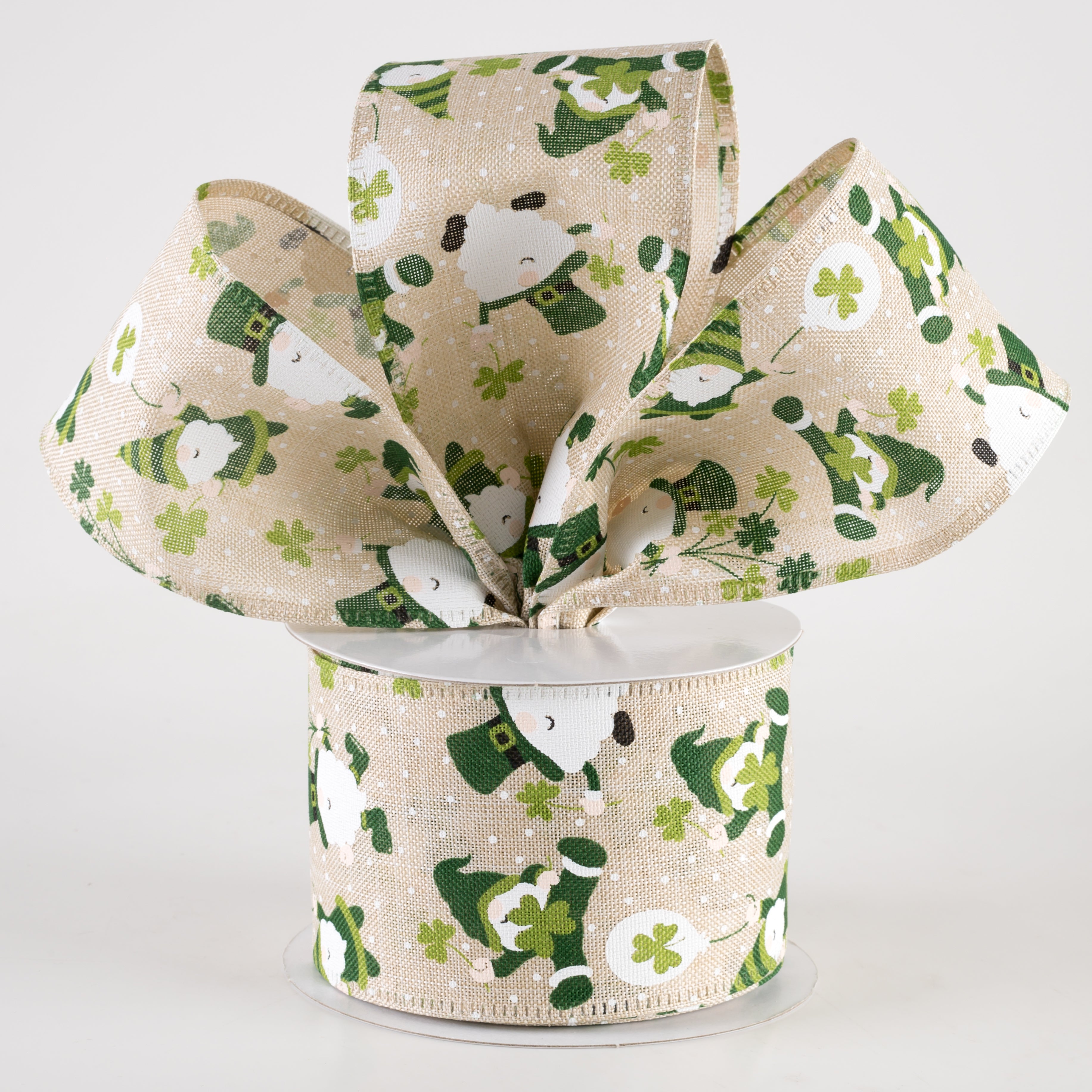 2.5" Linen St. Pat Leprechaun Gnomes Ribbon: Natural (10 Yards) Lifestyle Photo