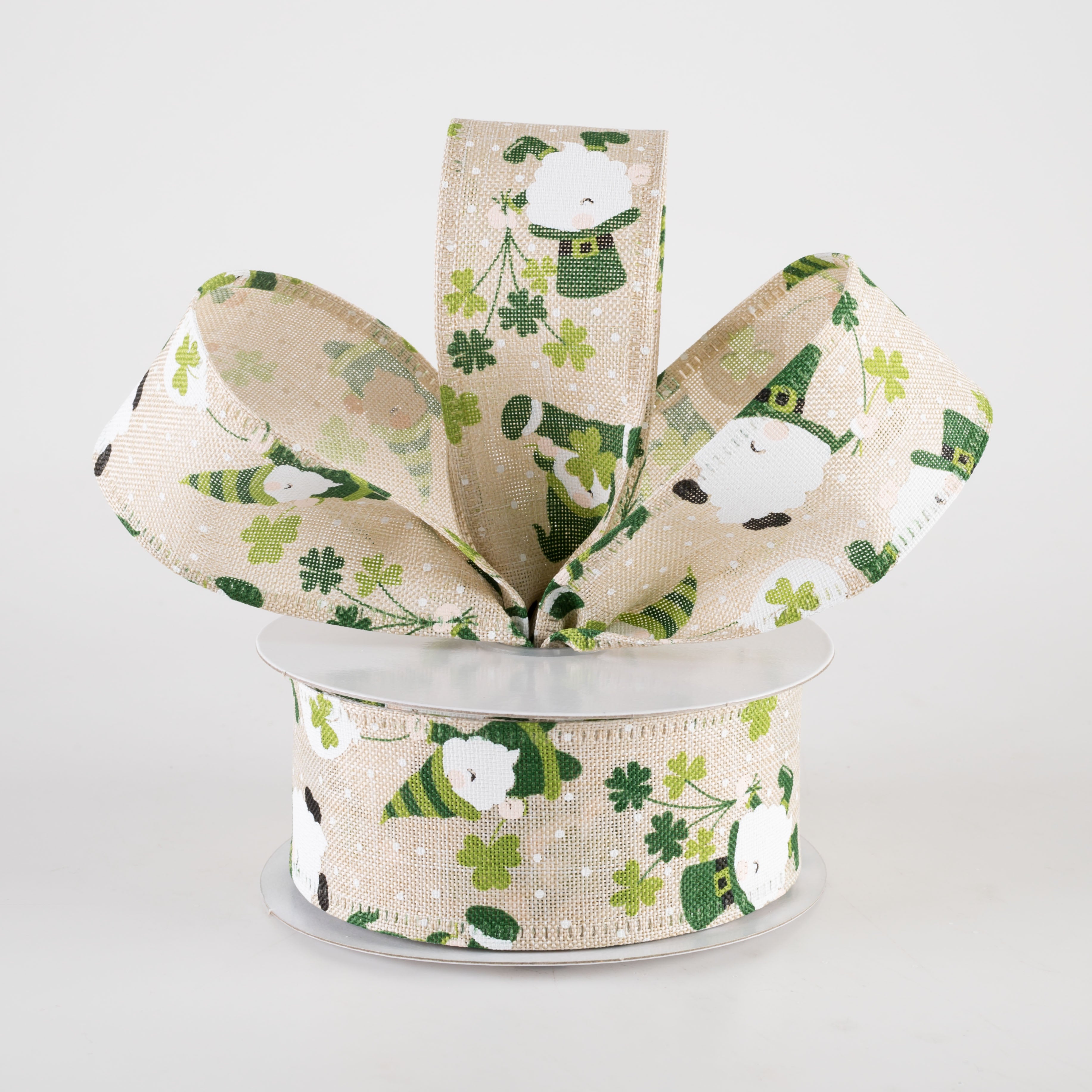 1.5" Linen St. Pat Leprechaun Gnomes Ribbon: Natural (10 Yards) Lifestyle Photo