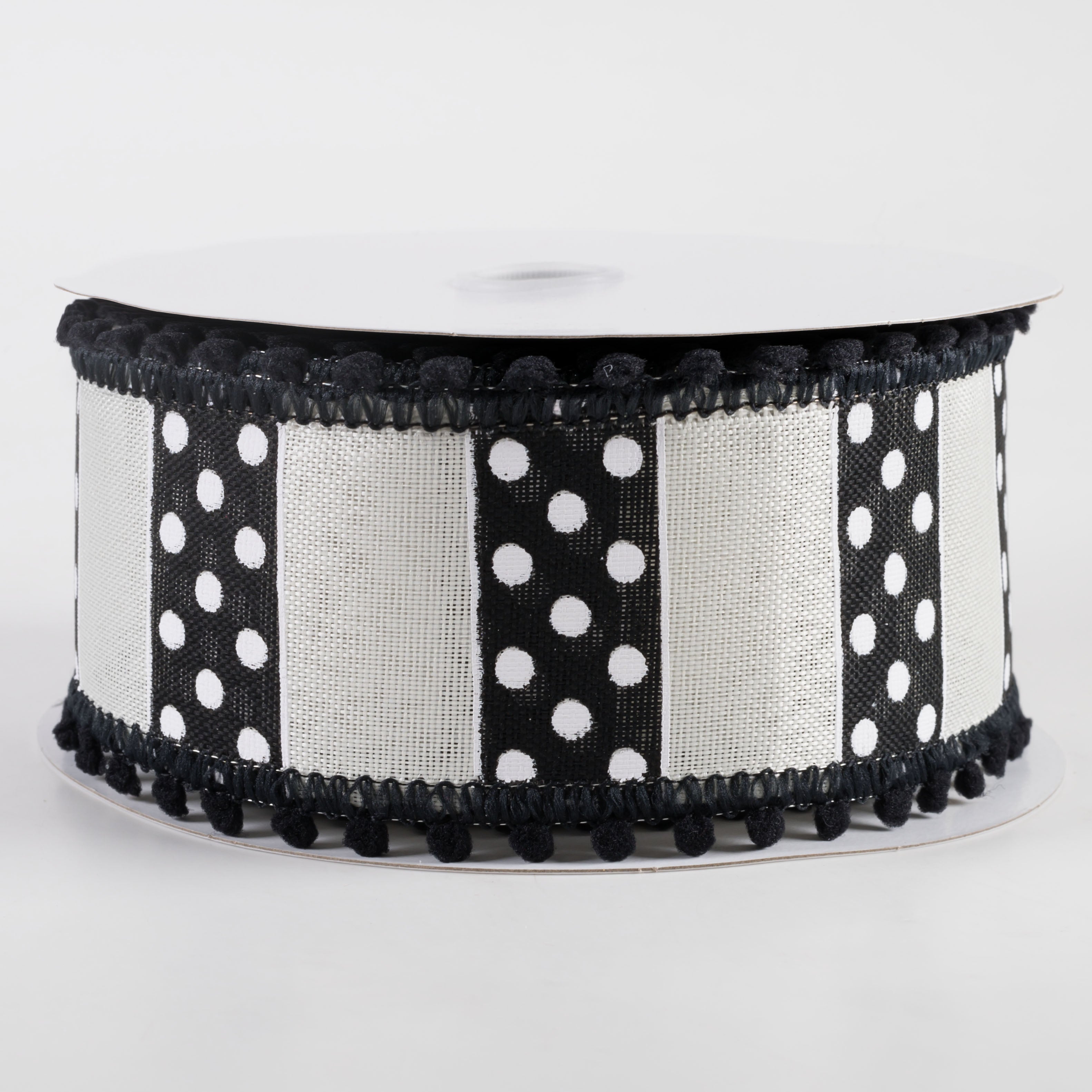 2.5" Linen Stripes & Dots Pom Pom Edge Ribbon: Black & White (10 Yards) Item Number: 71332-40-20